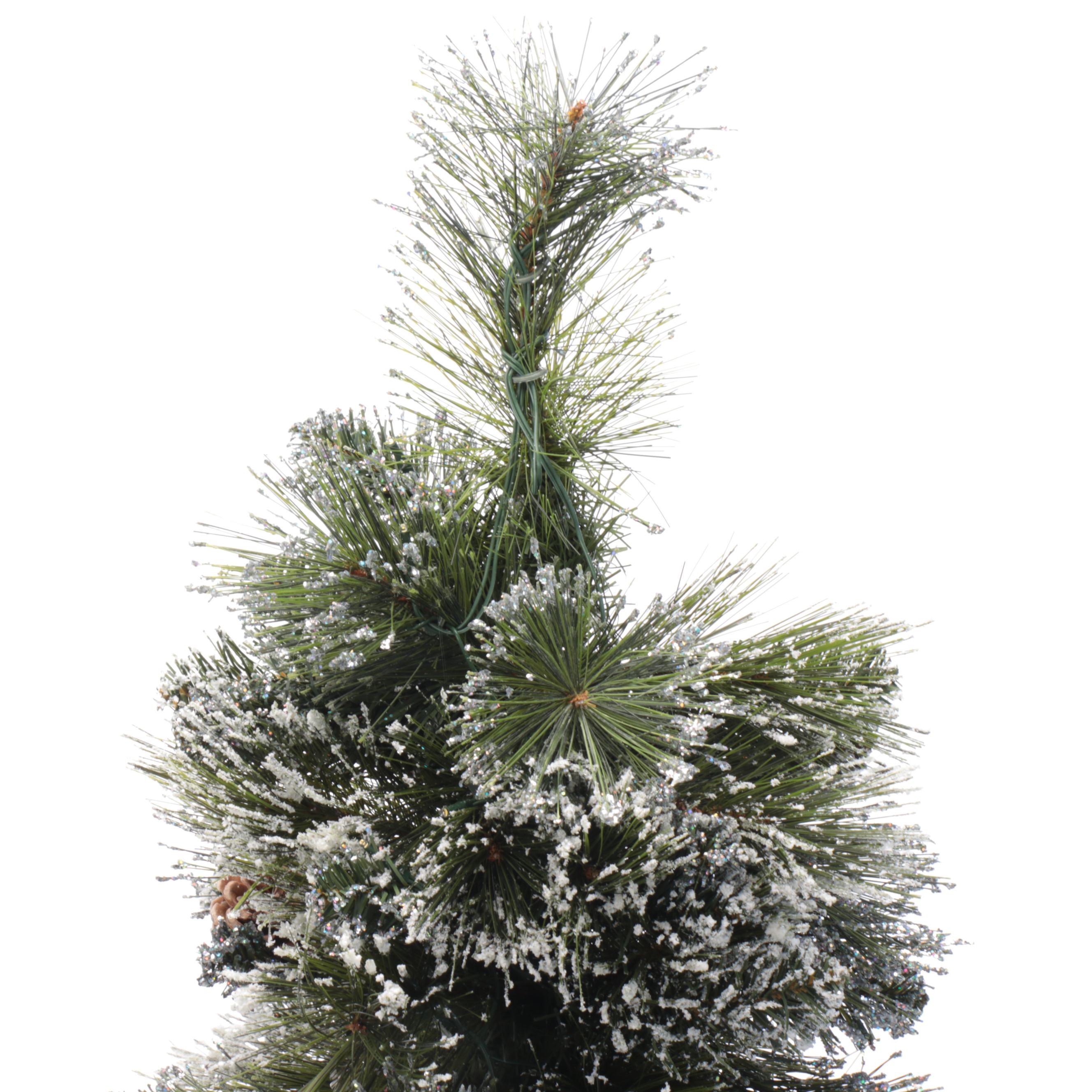Flocked Narrow Christmas Tree with Pair of Topiary Trees in Urns
