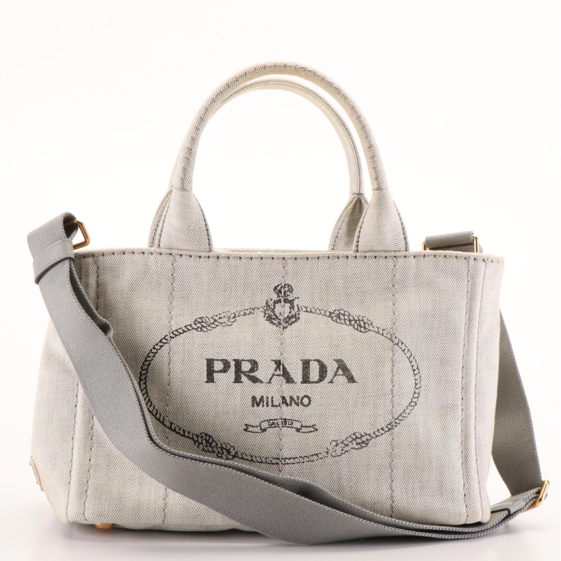 Prada Canapa Logo Bianco Gray Denim Tote Bag