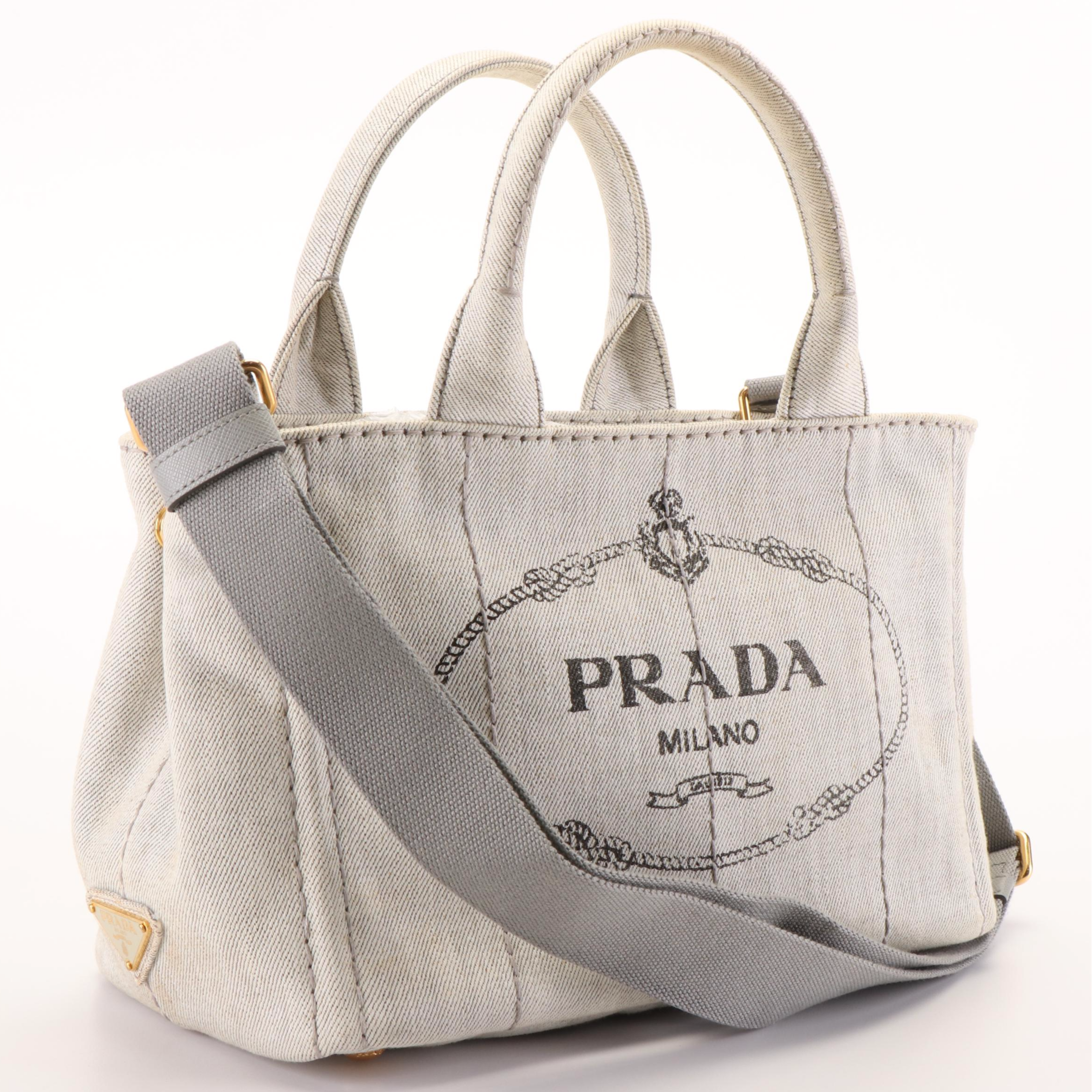 Prada Canapa Logo Bianco Gray Denim Tote Bag
