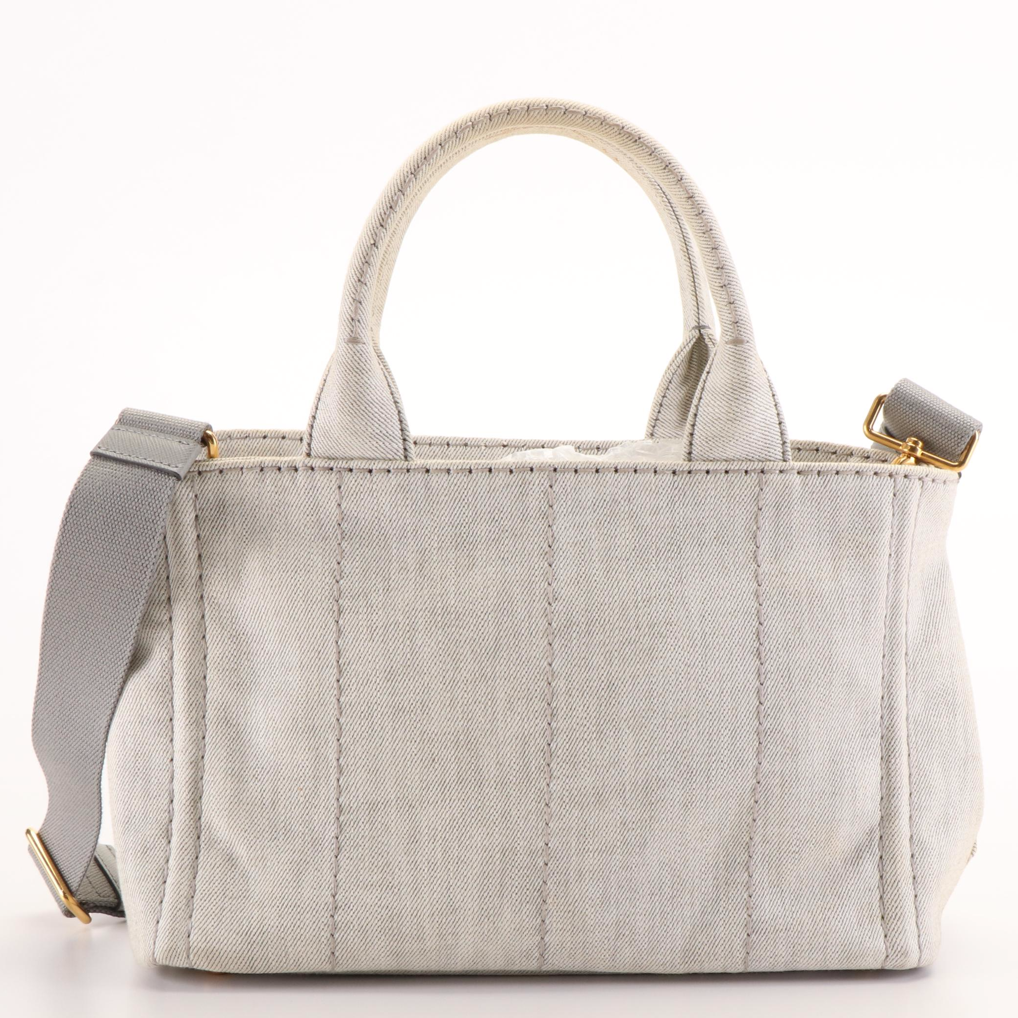 Prada Canapa Logo Bianco Gray Denim Tote Bag