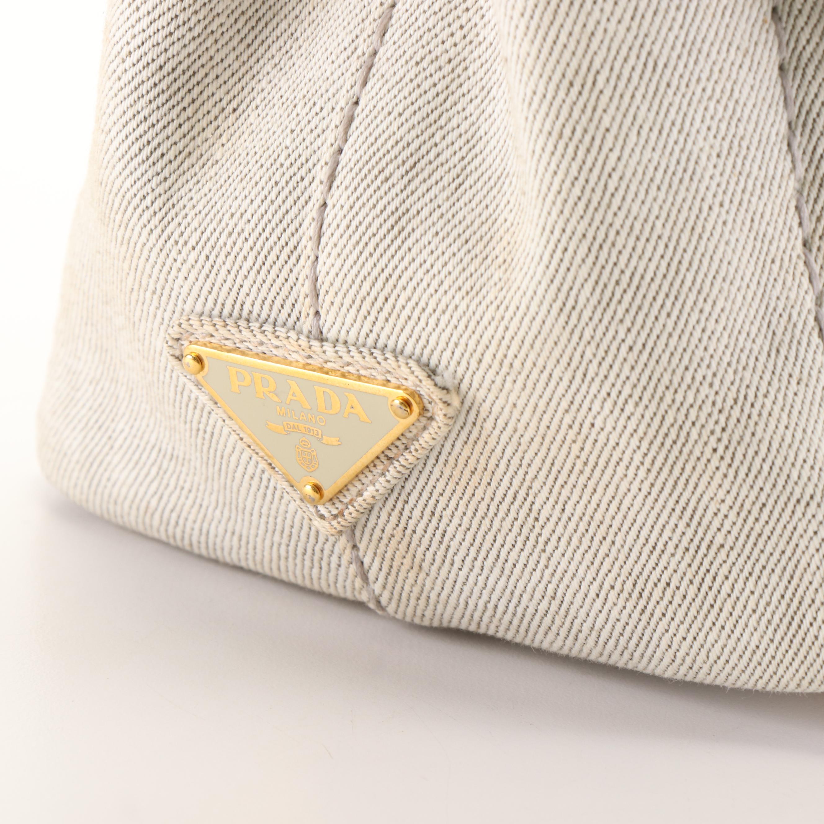 Prada Canapa Logo Bianco Gray Denim Tote Bag
