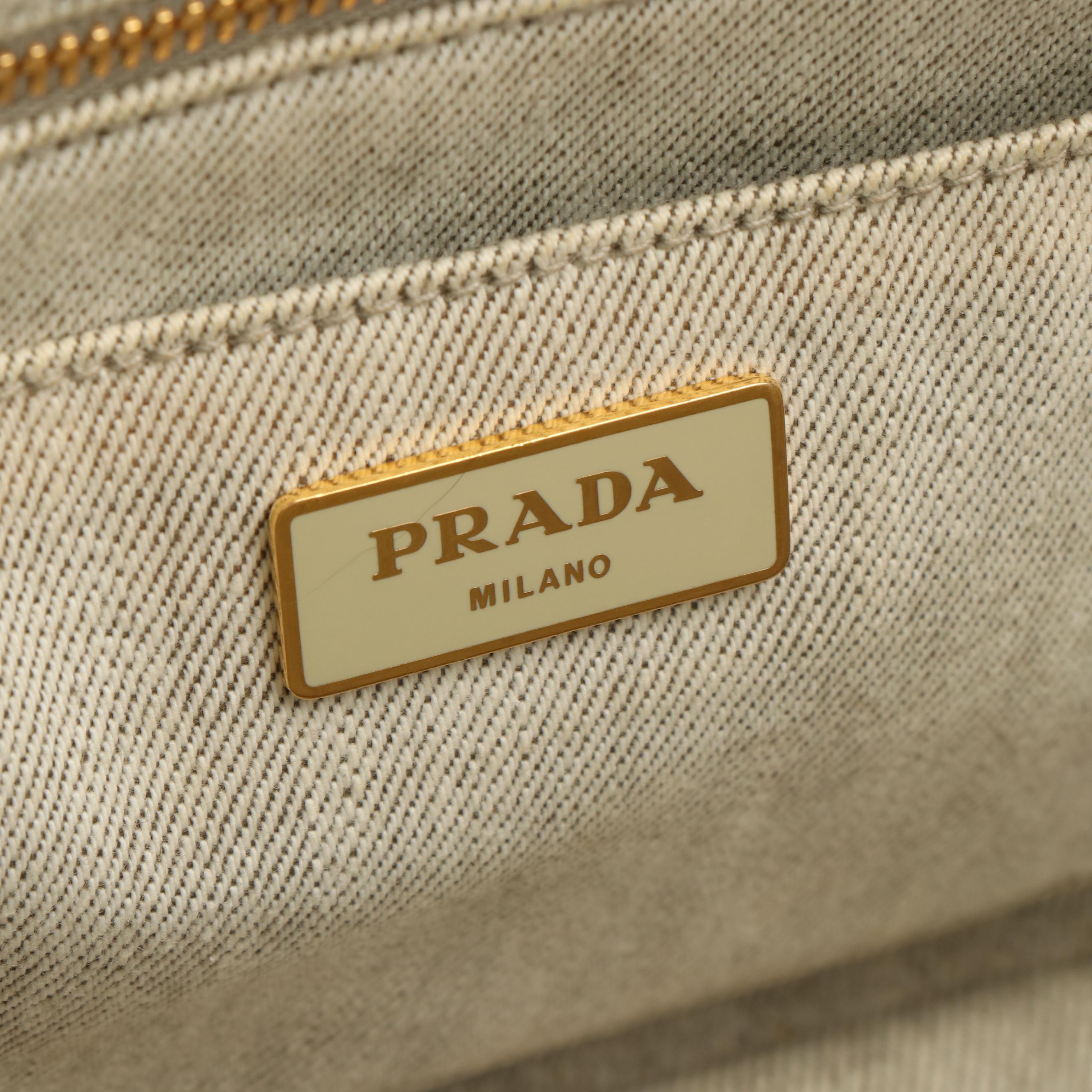 Prada Canapa Logo Bianco Gray Denim Tote Bag