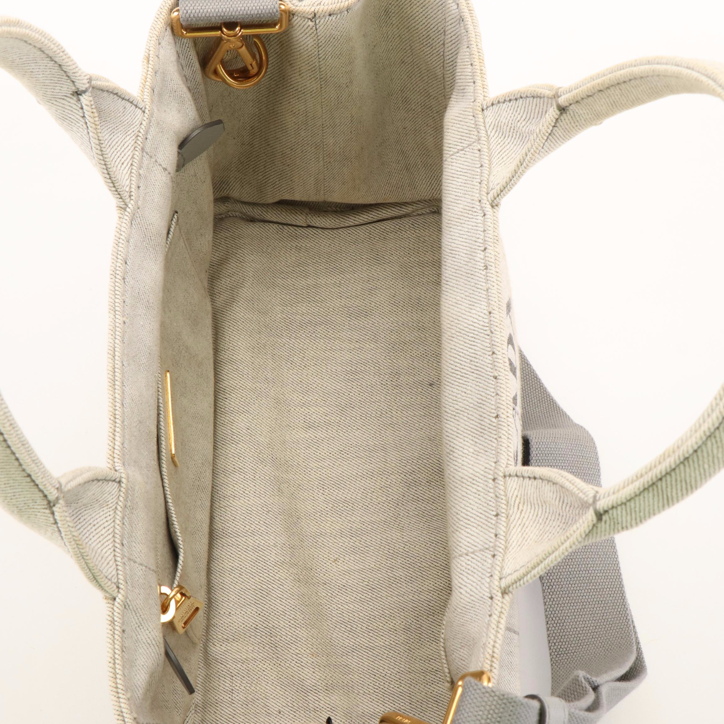 Prada Canapa Logo Bianco Gray Denim Tote Bag