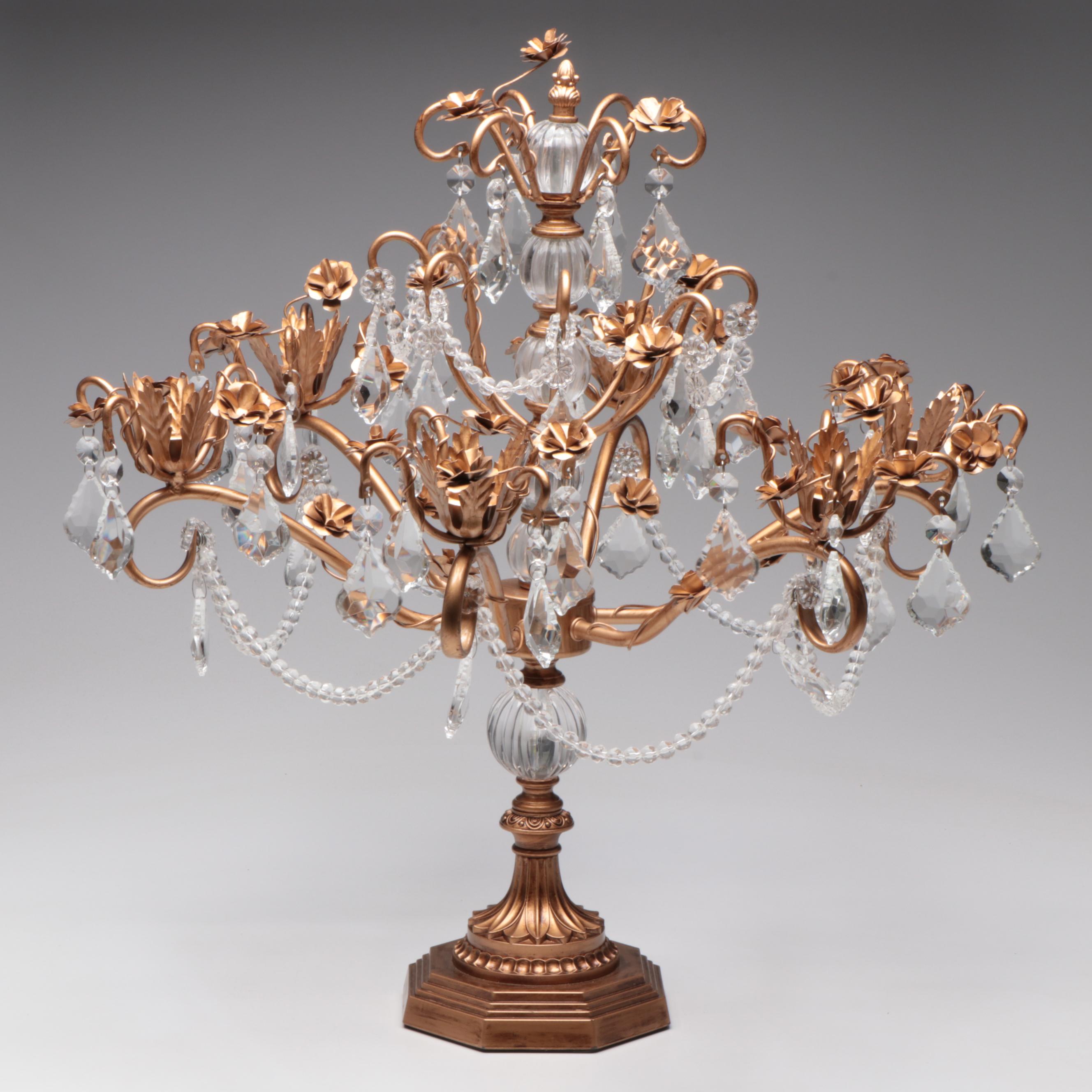 Gilt Metal and Resin Candelabras with Hanging Acrylic Swags and Prisms