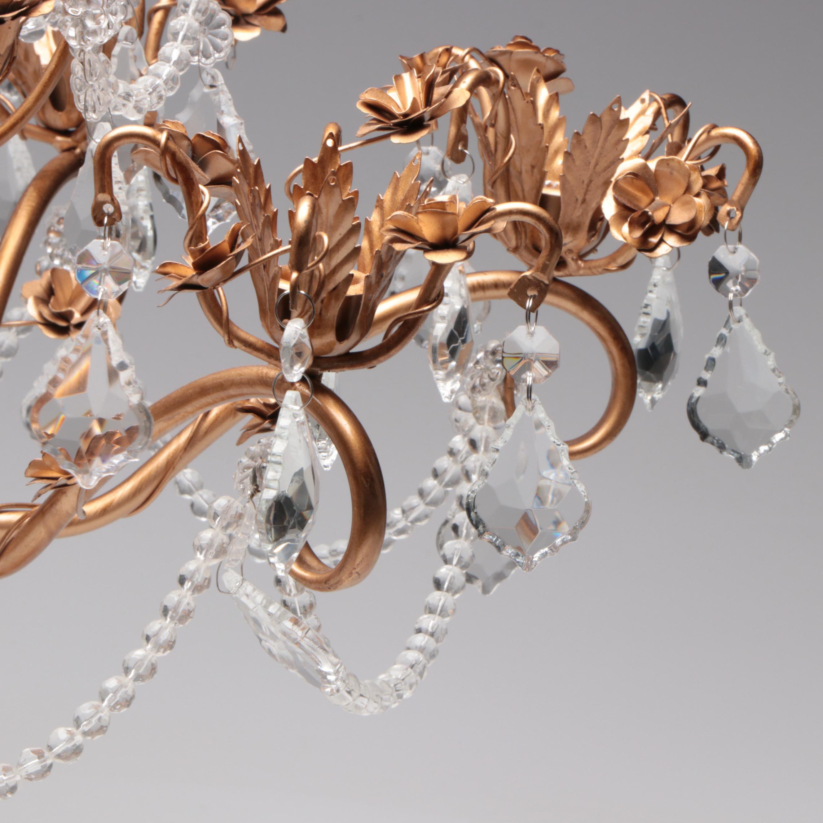 Gilt Metal and Resin Candelabras with Hanging Acrylic Swags and Prisms