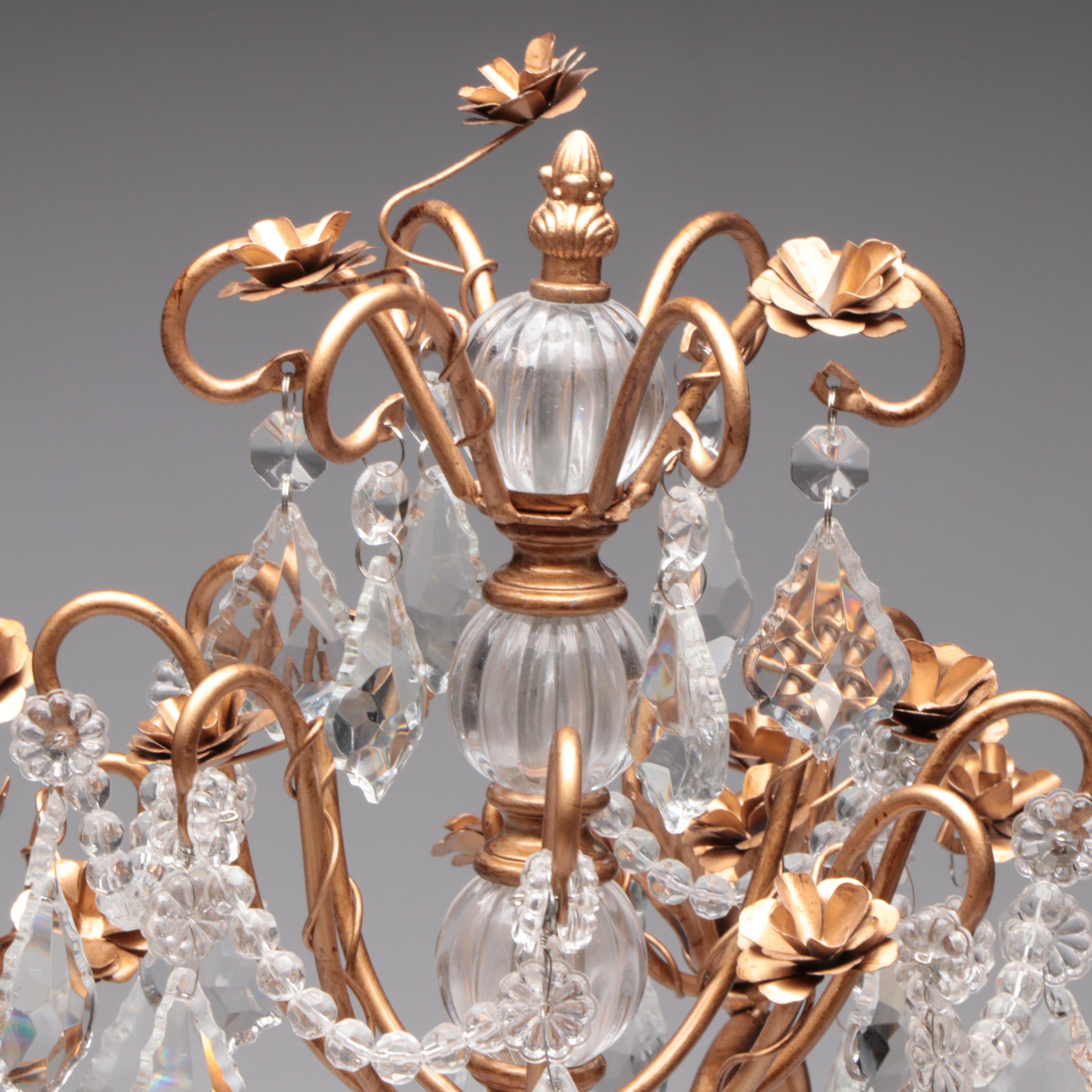 Gilt Metal and Resin Candelabras with Hanging Acrylic Swags and Prisms