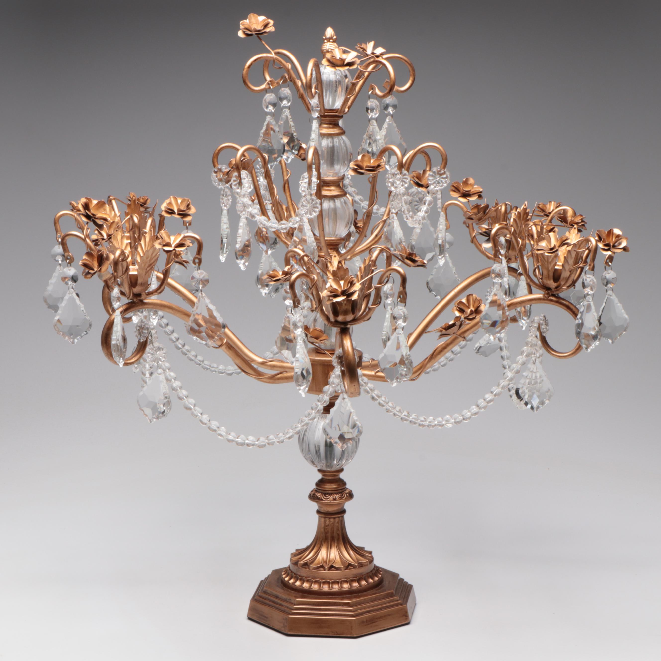 Gilt Metal and Resin Candelabras with Hanging Acrylic Swags and Prisms