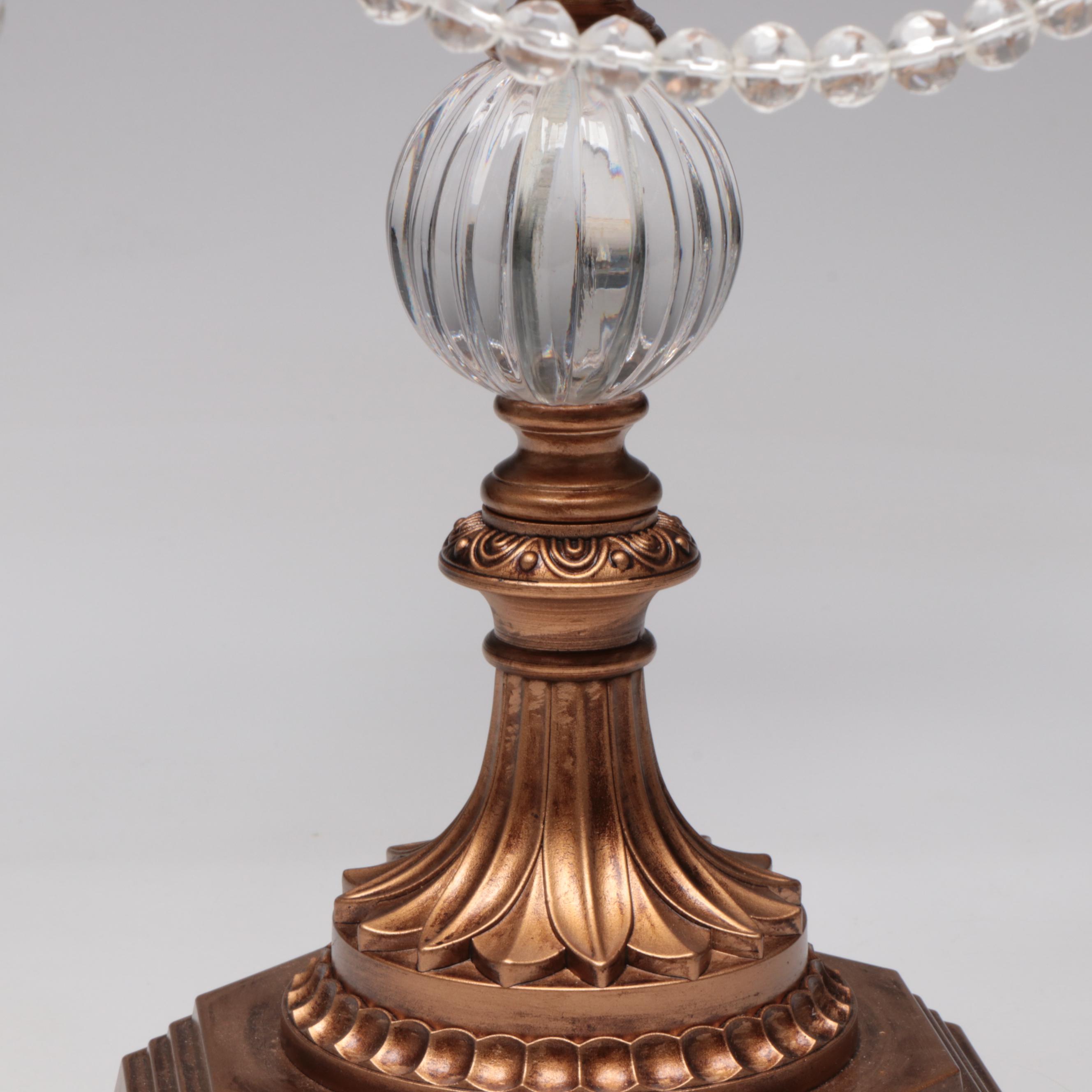 Gilt Metal and Resin Candelabras with Hanging Acrylic Swags and Prisms