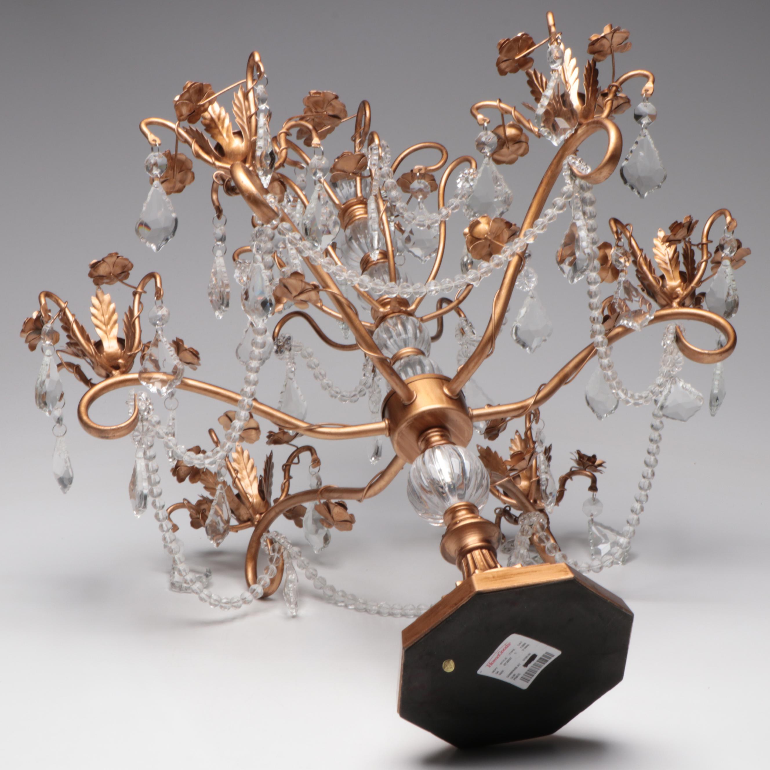 Gilt Metal and Resin Candelabras with Hanging Acrylic Swags and Prisms