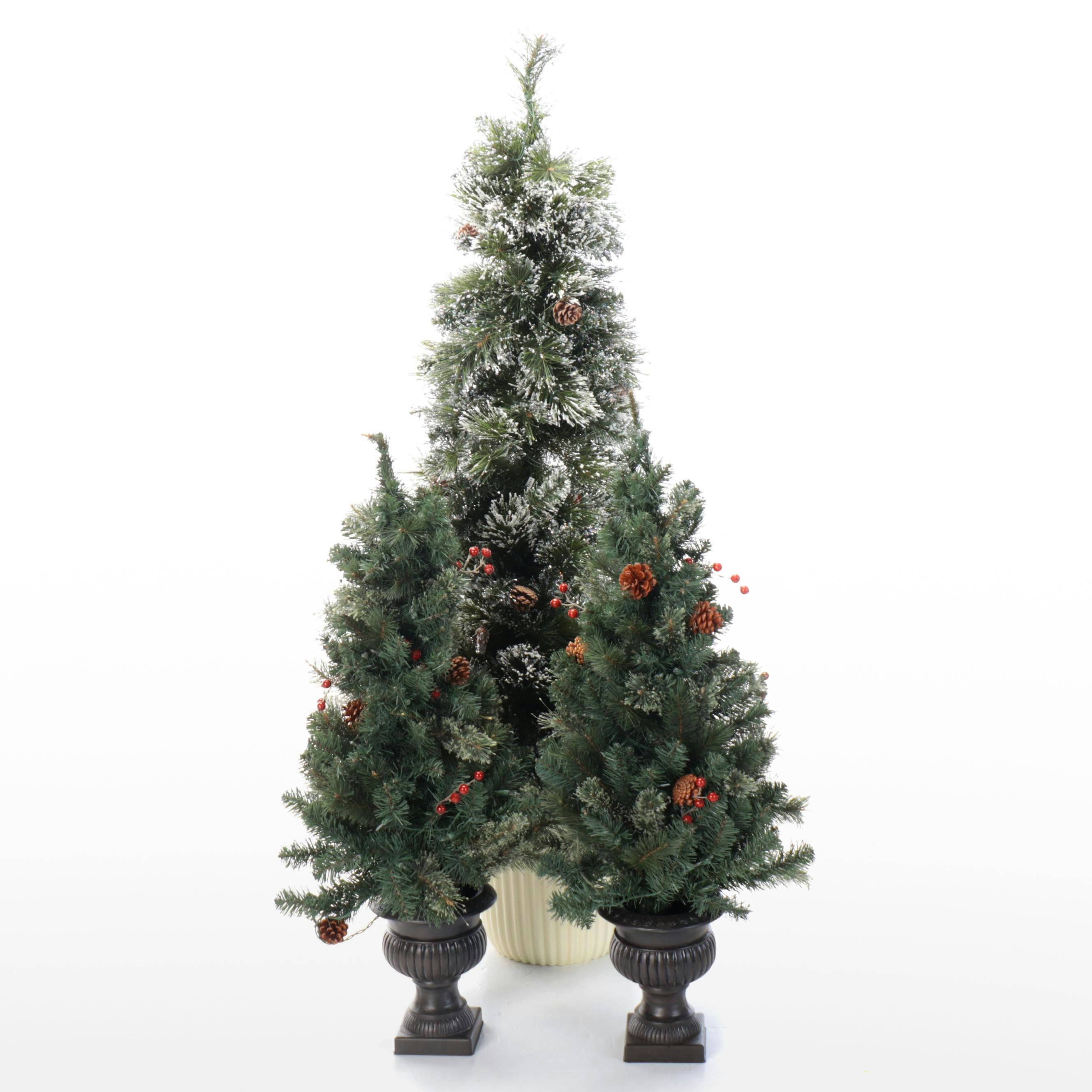 Flocked Narrow Christmas Tree with Pair of Topiary Trees in Urns