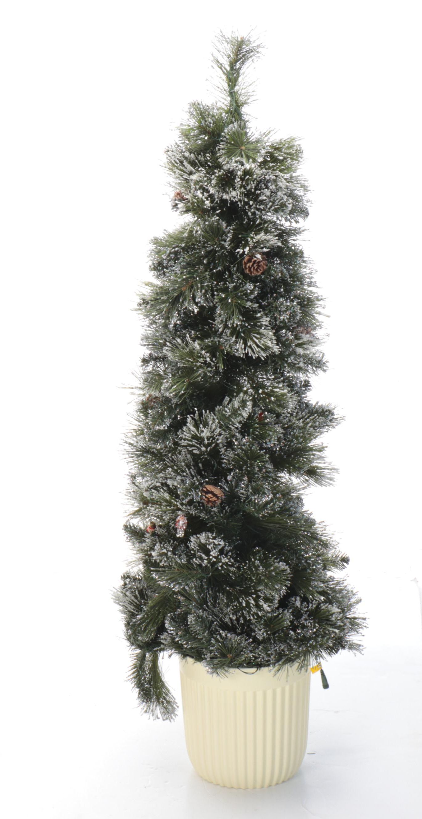 Flocked Narrow Christmas Tree with Pair of Topiary Trees in Urns
