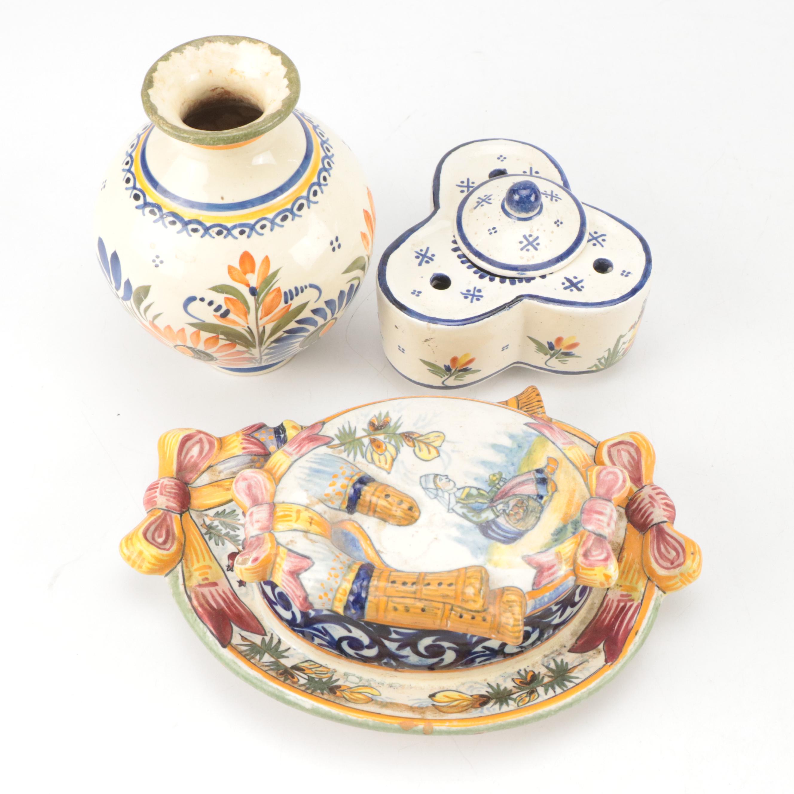 Quimper Ceramic Teapot with Mont Saint Michel Ceramic Vase and More