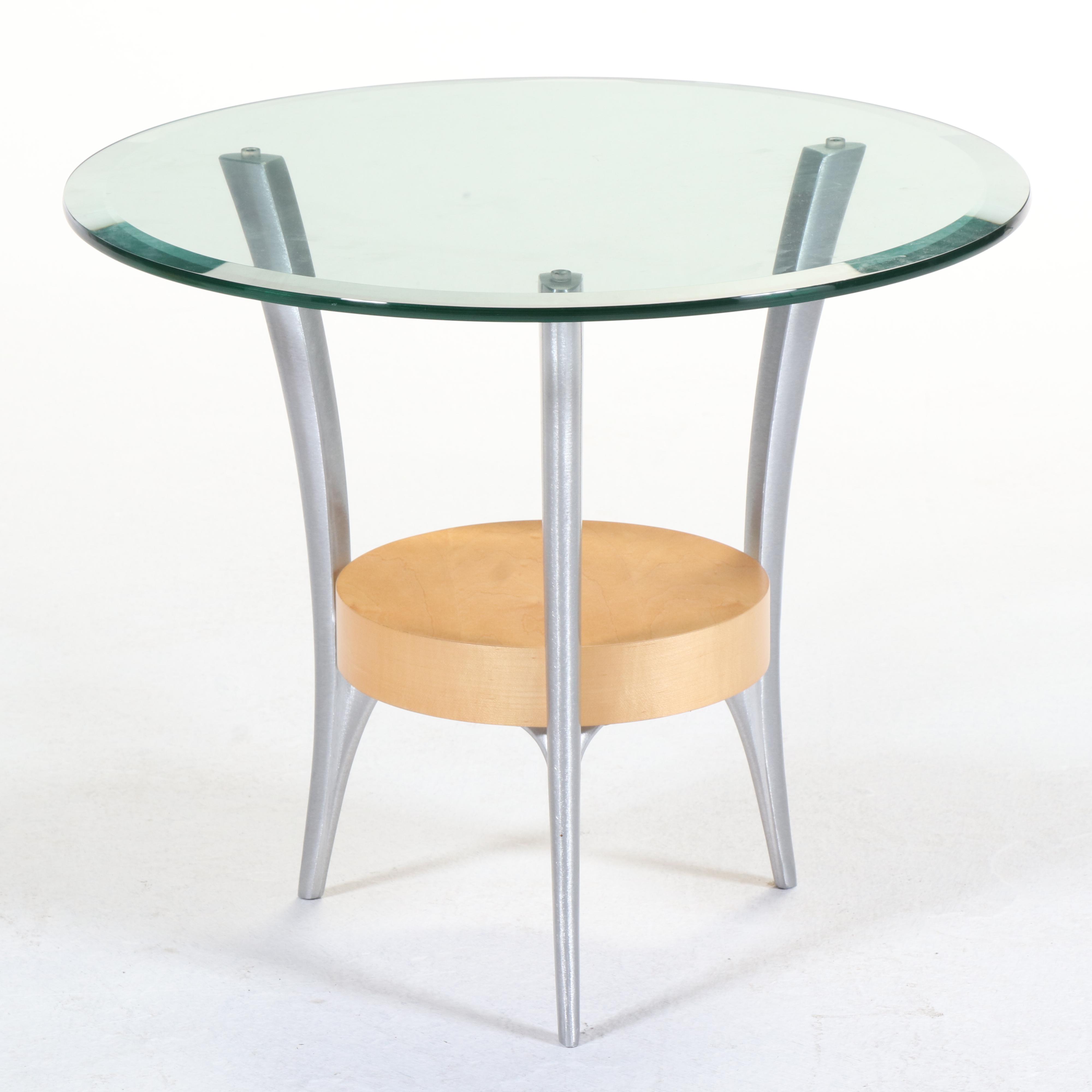 Modernist Style Brushed Metal, Birch, and Glass Top Side Table and Magazine Rack