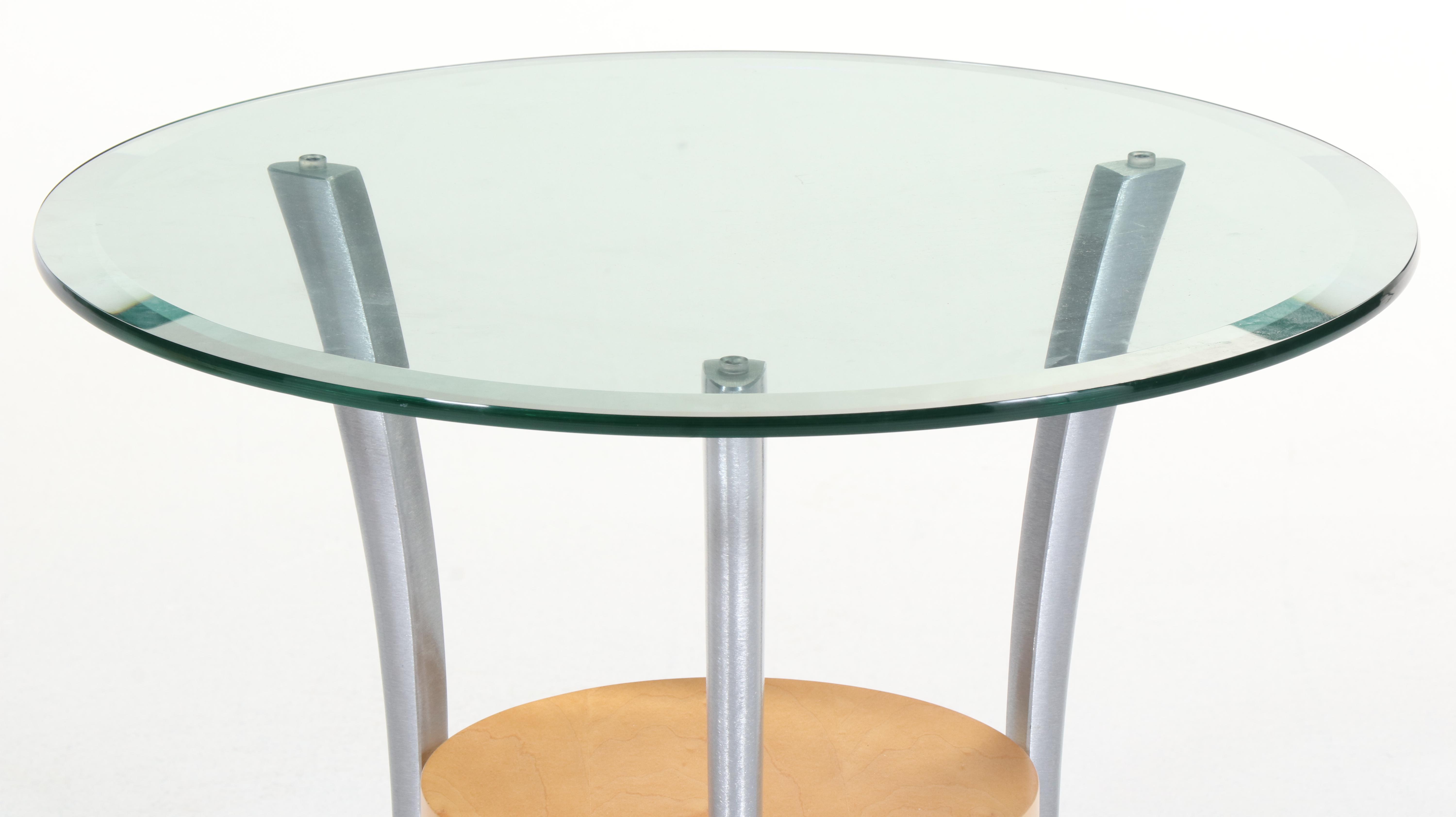 Modernist Style Brushed Metal, Birch, and Glass Top Side Table and Magazine Rack