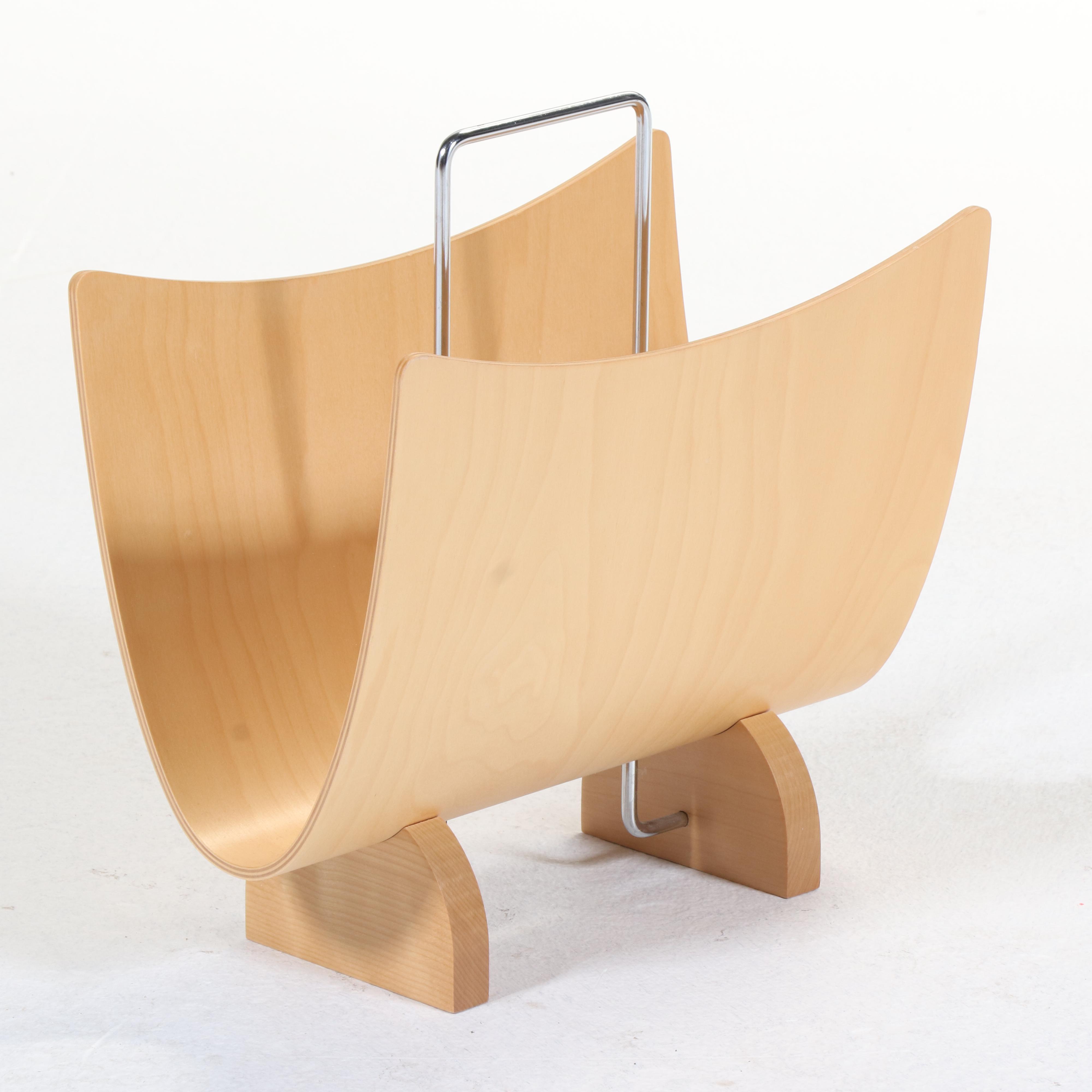 Modernist Style Brushed Metal, Birch, and Glass Top Side Table and Magazine Rack