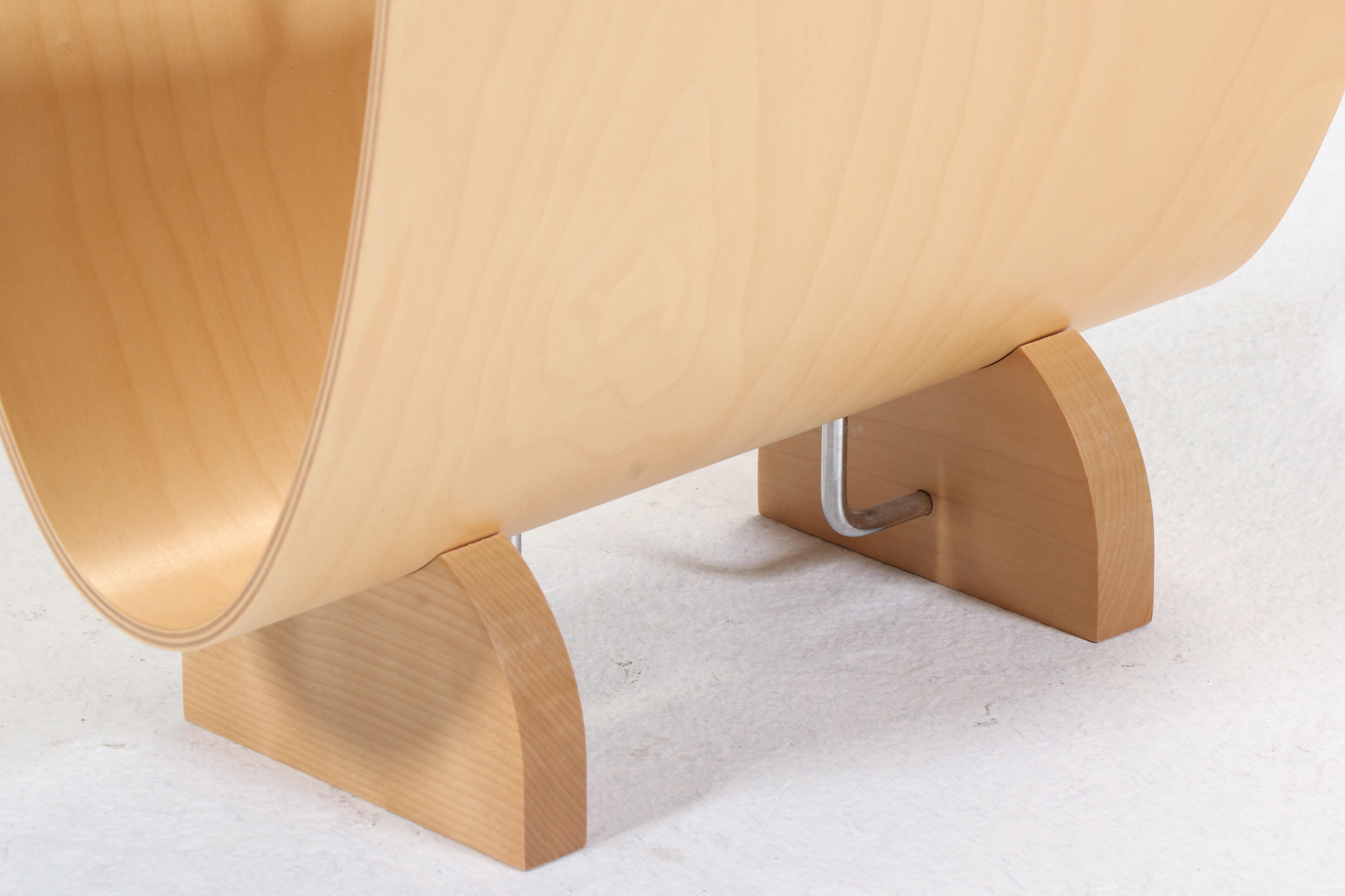 Modernist Style Brushed Metal, Birch, and Glass Top Side Table and Magazine Rack