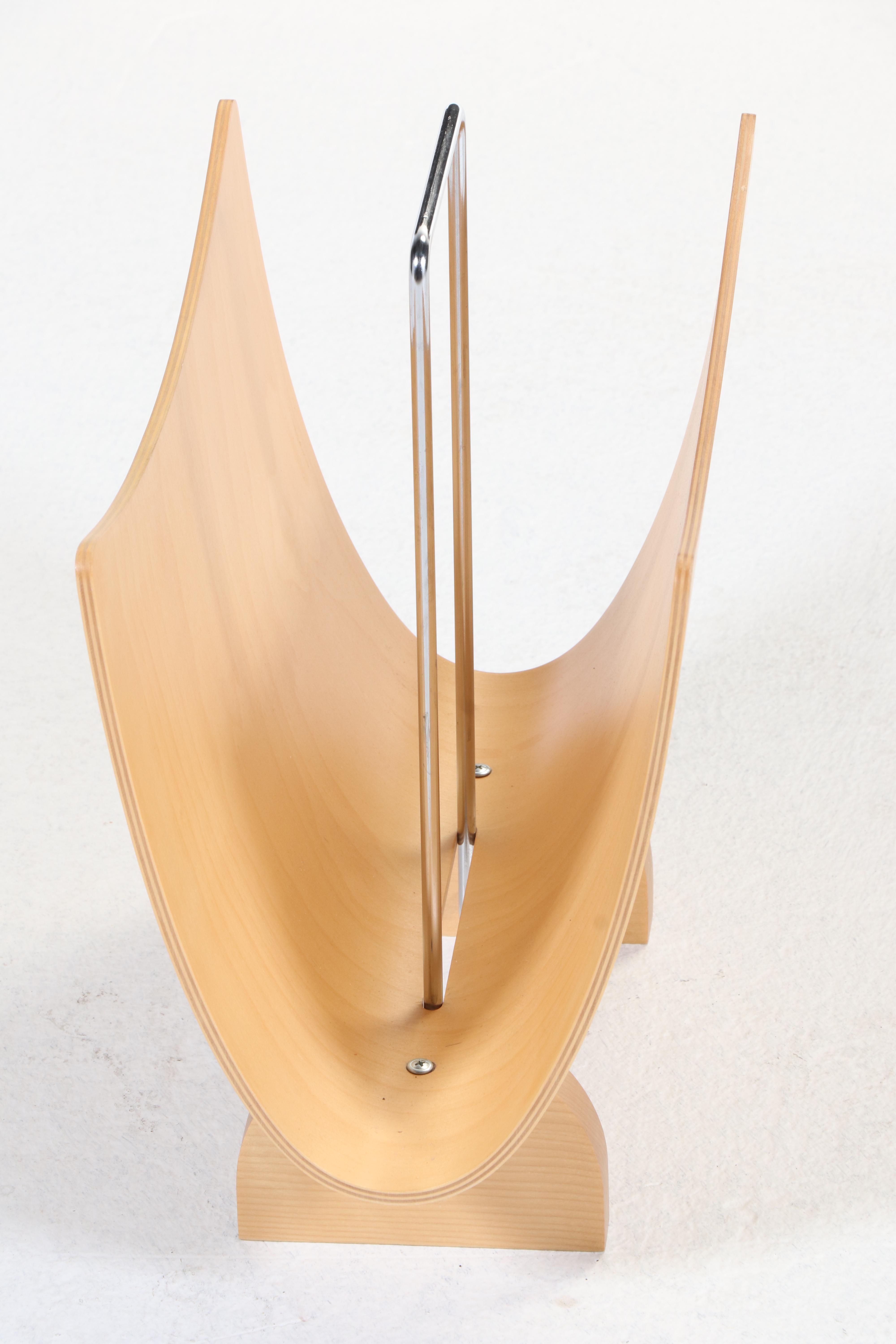 Modernist Style Brushed Metal, Birch, and Glass Top Side Table and Magazine Rack