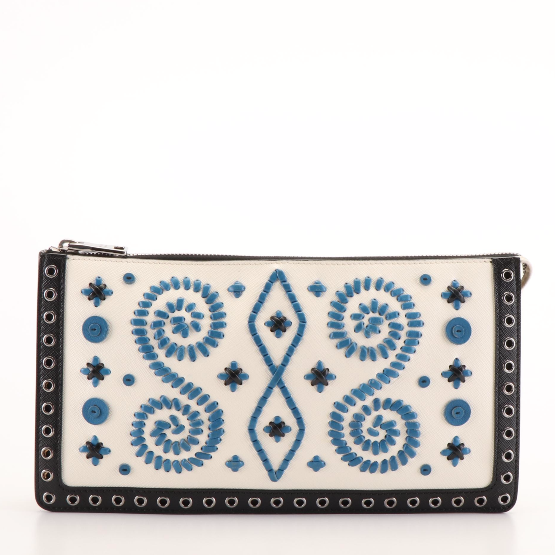 Prada Leather Embroidered  Saffiano Leather  Clutch Bag