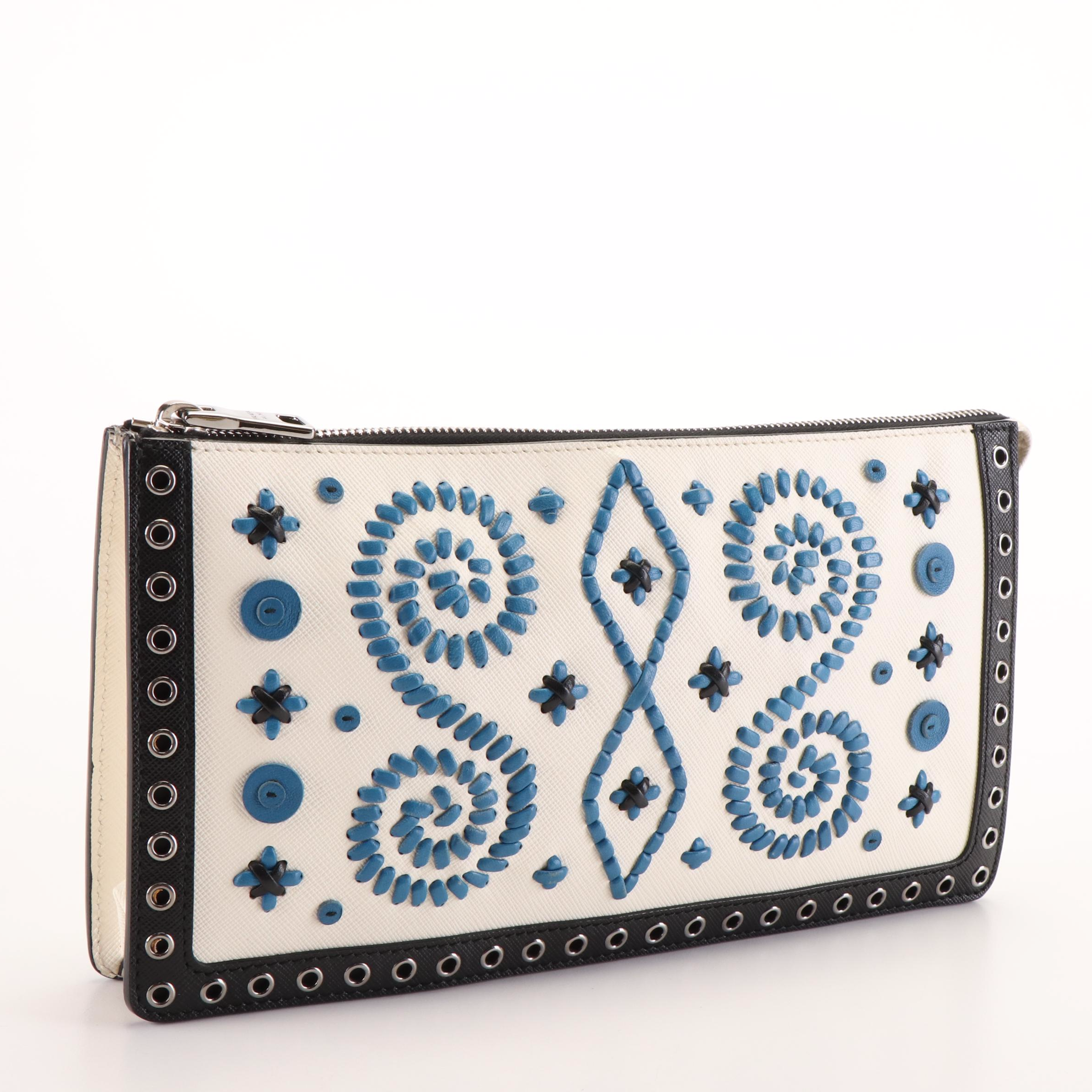 Prada Leather Embroidered  Saffiano Leather  Clutch Bag