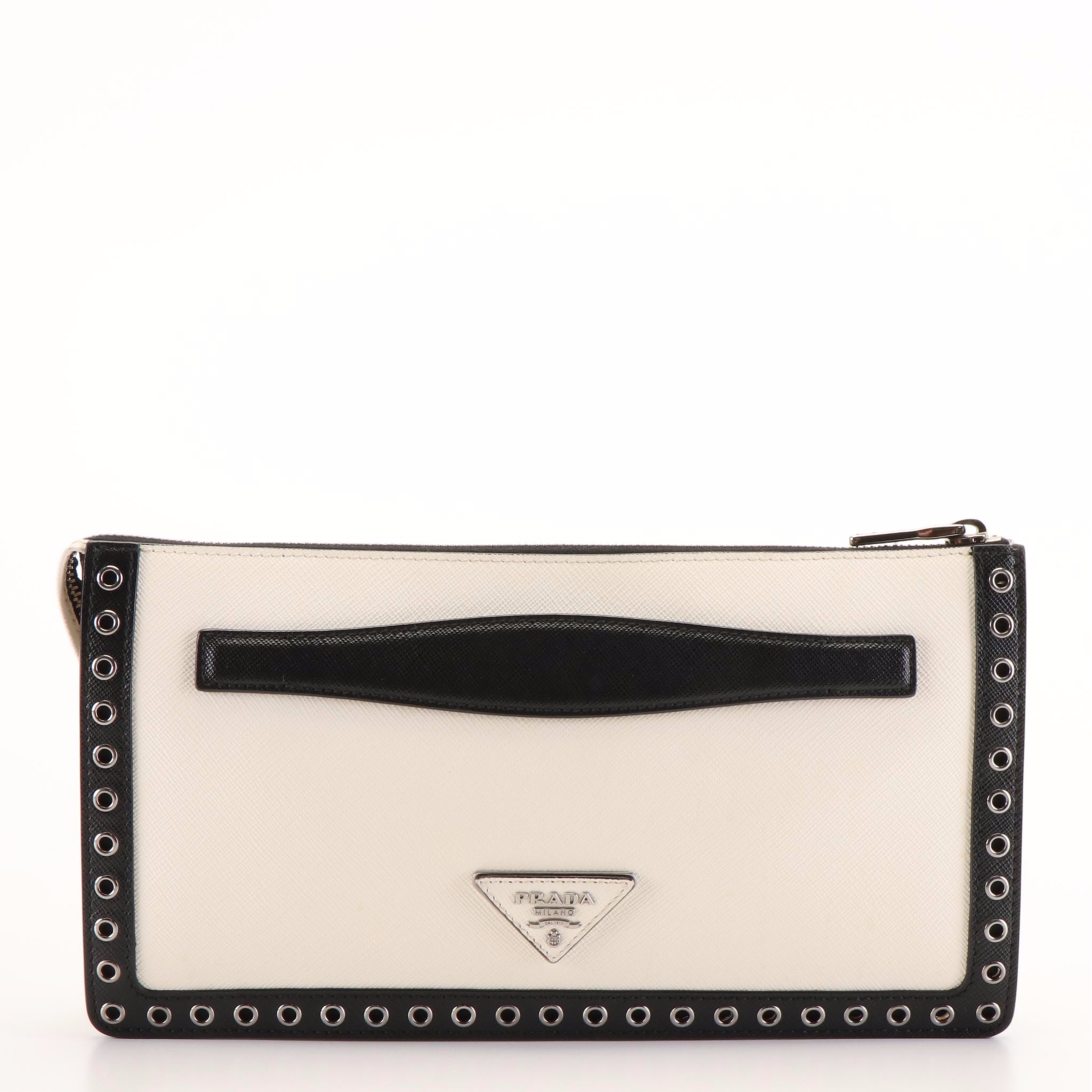 Prada Leather Embroidered  Saffiano Leather  Clutch Bag