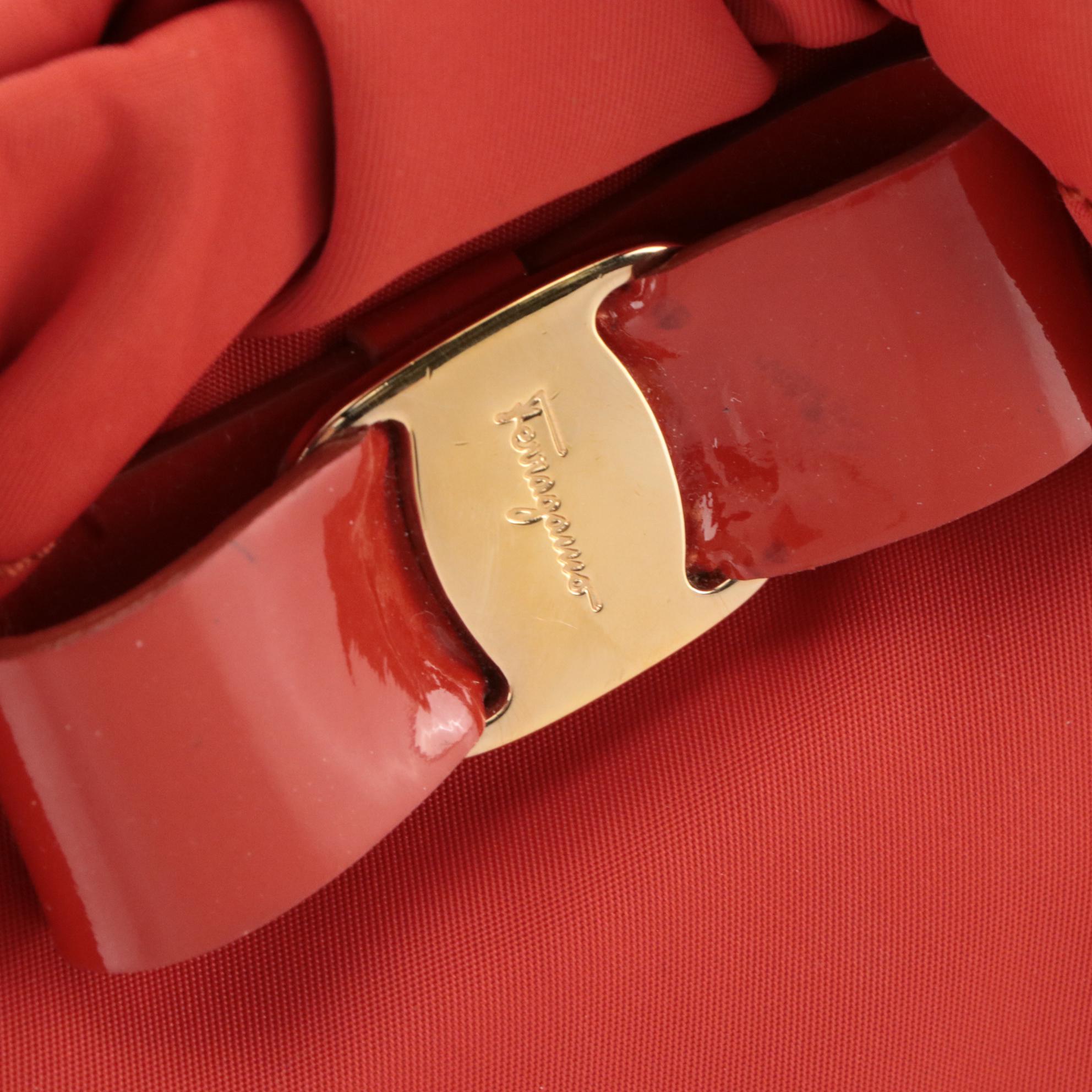 Salvatore Ferragamo Flame Orange Cinched Nylon Hobo Bag with Vara Bow Accent