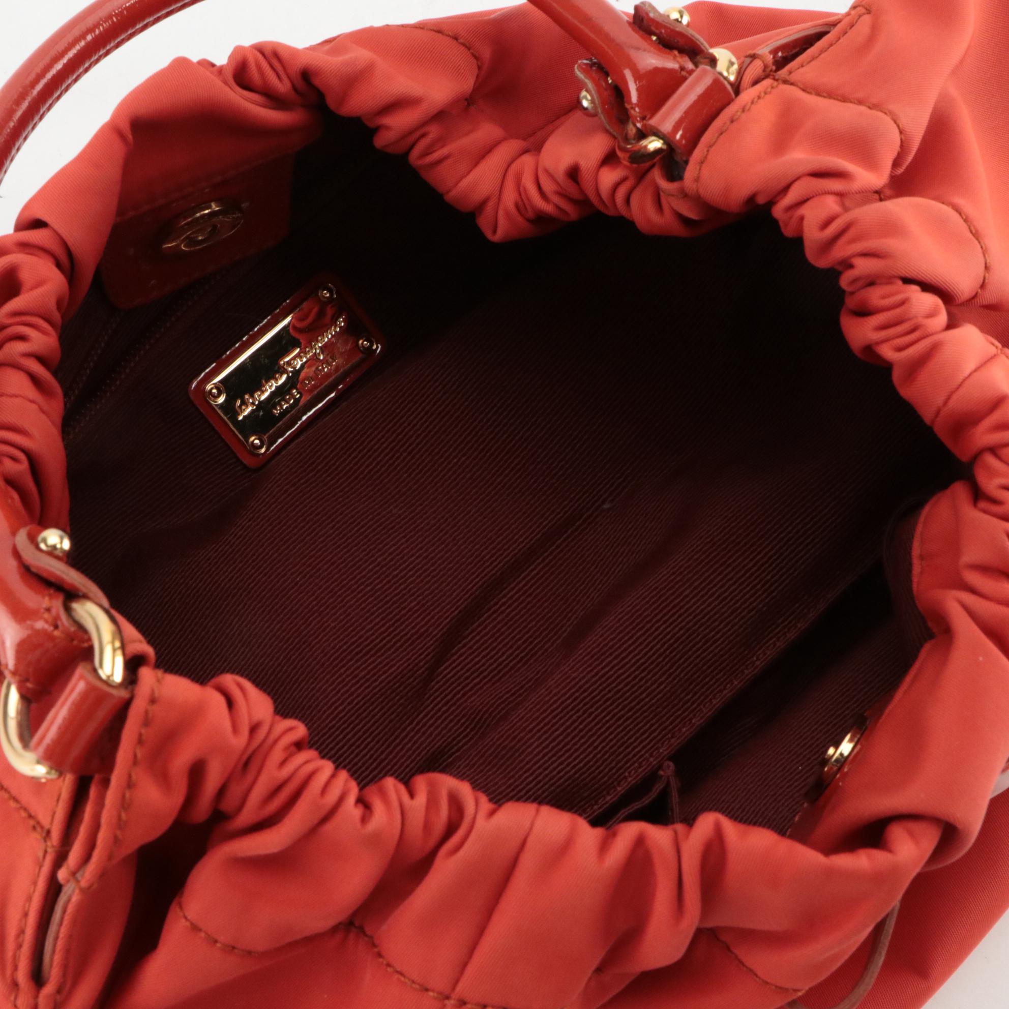 Salvatore Ferragamo Flame Orange Cinched Nylon Hobo Bag with Vara Bow Accent