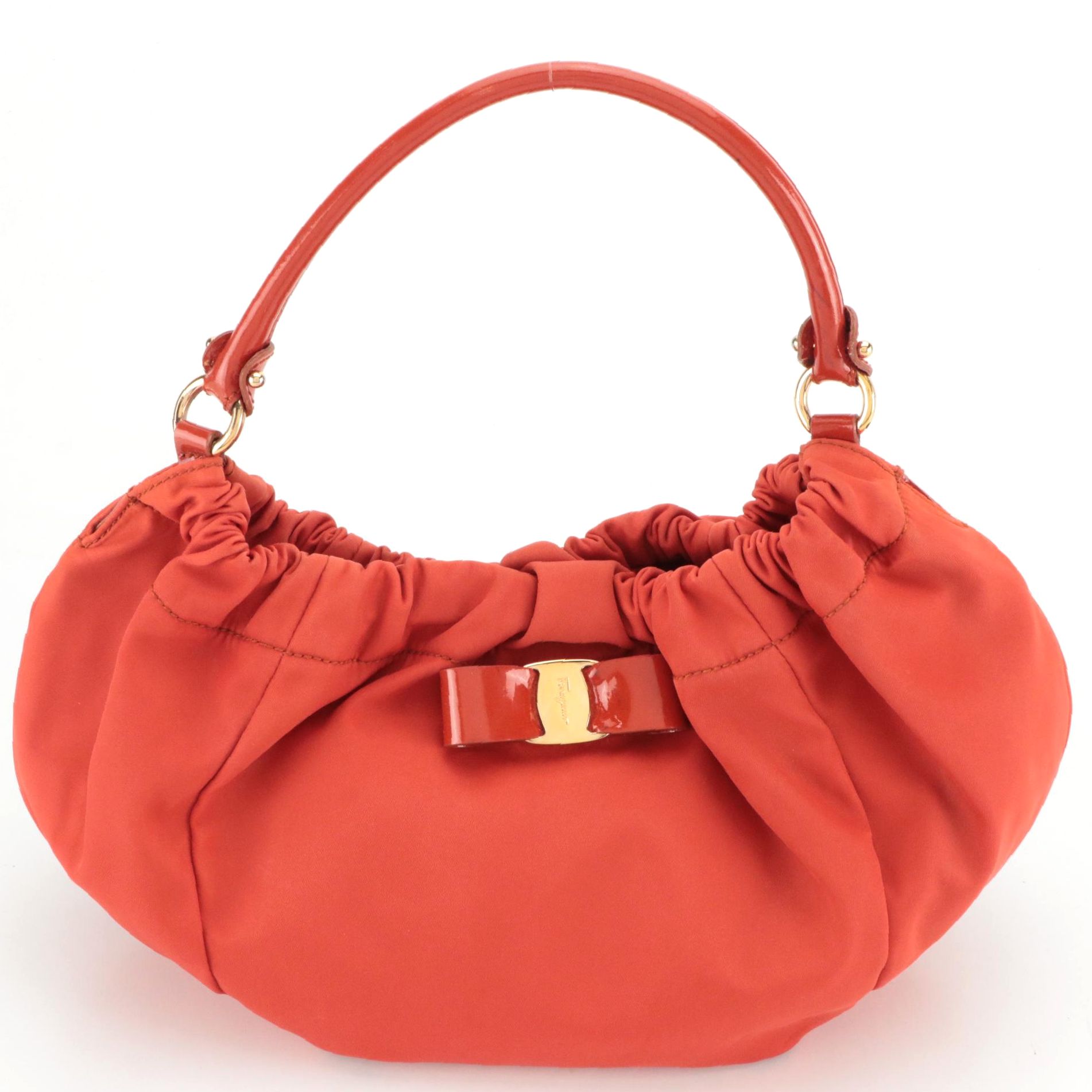 Salvatore Ferragamo Flame Orange Cinched Nylon Hobo Bag with Vara Bow Accent
