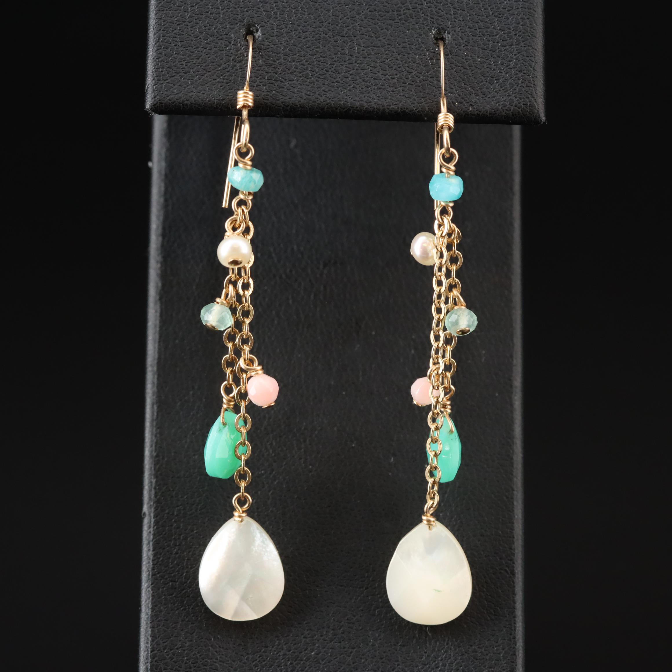 Gold-Filled Mother-of-Pearl, Coral and Chalcedony Dangle Earrings