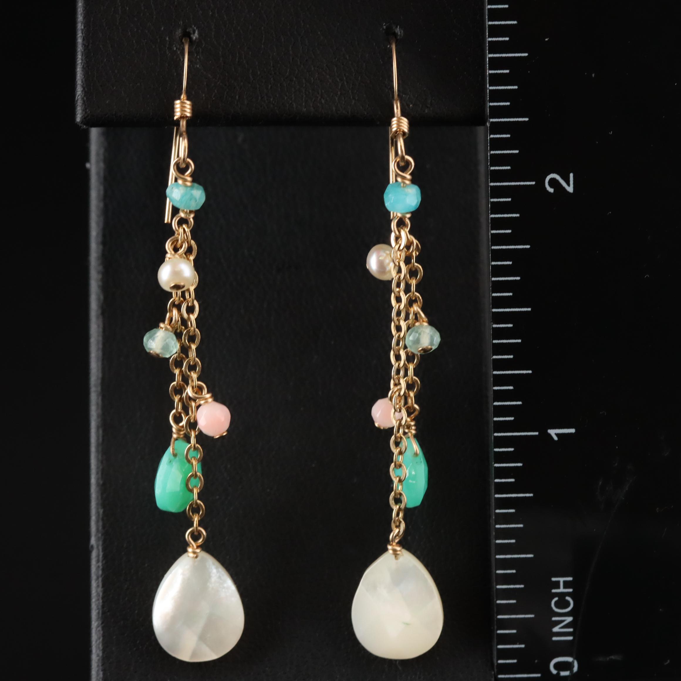 Gold-Filled Mother-of-Pearl, Coral and Chalcedony Dangle Earrings