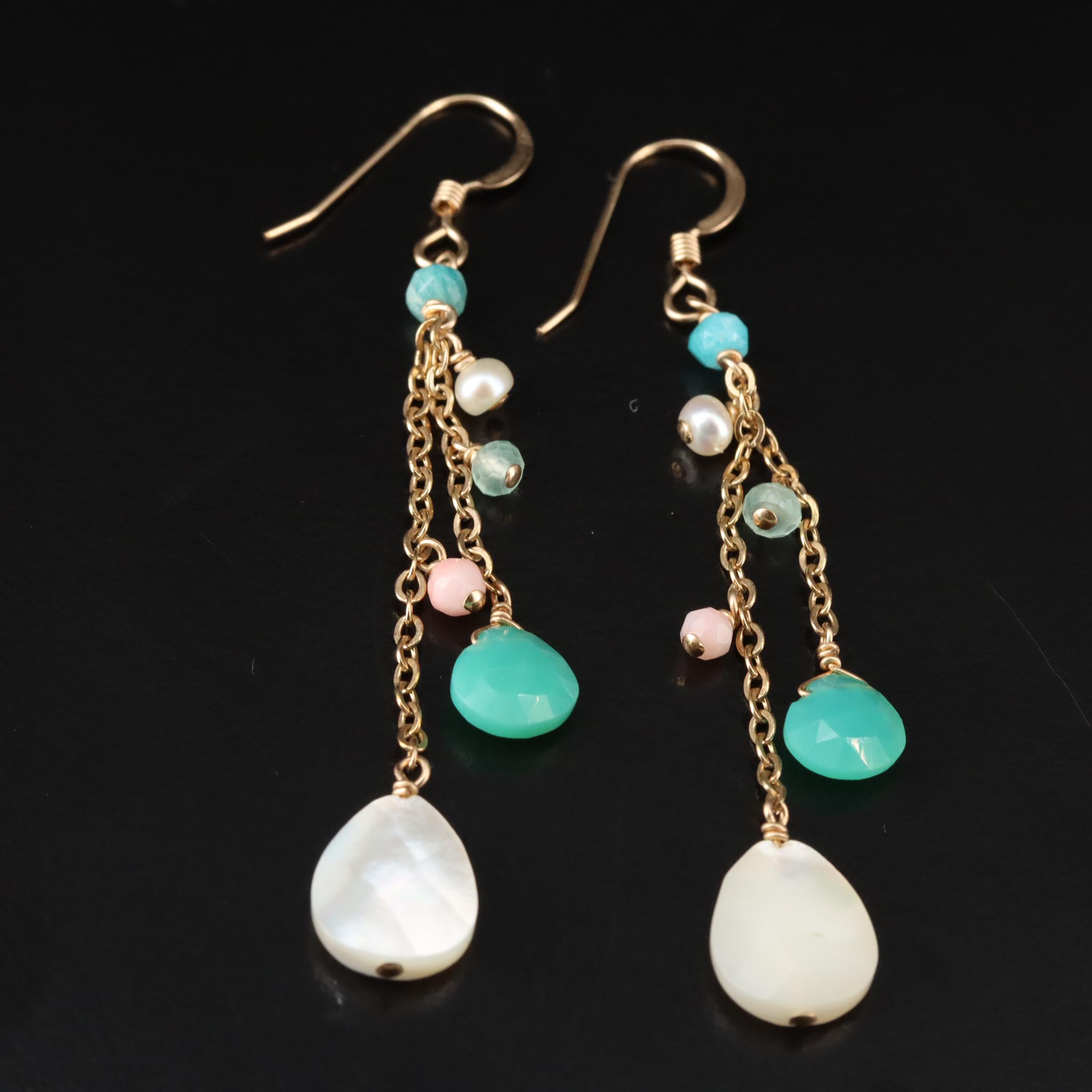 Gold-Filled Mother-of-Pearl, Coral and Chalcedony Dangle Earrings