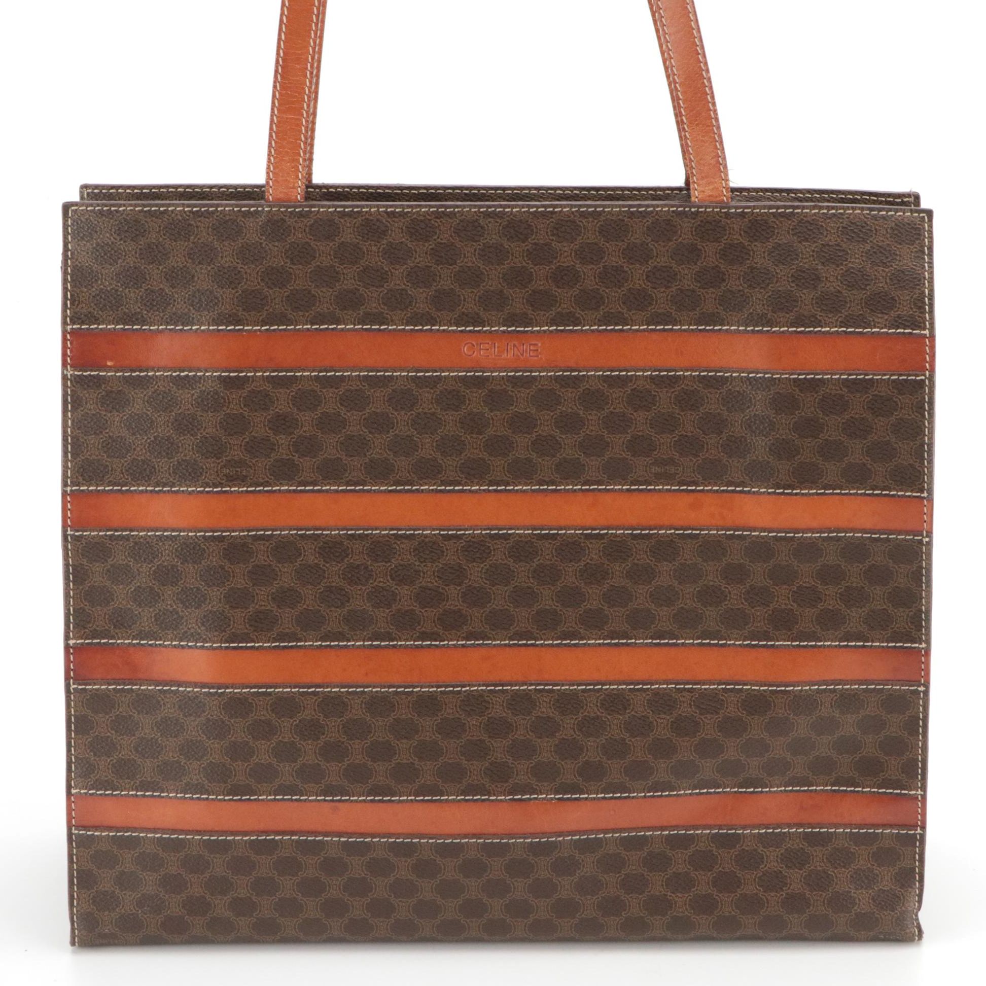Celine Striped Tote in Macadam Canvas and Leather