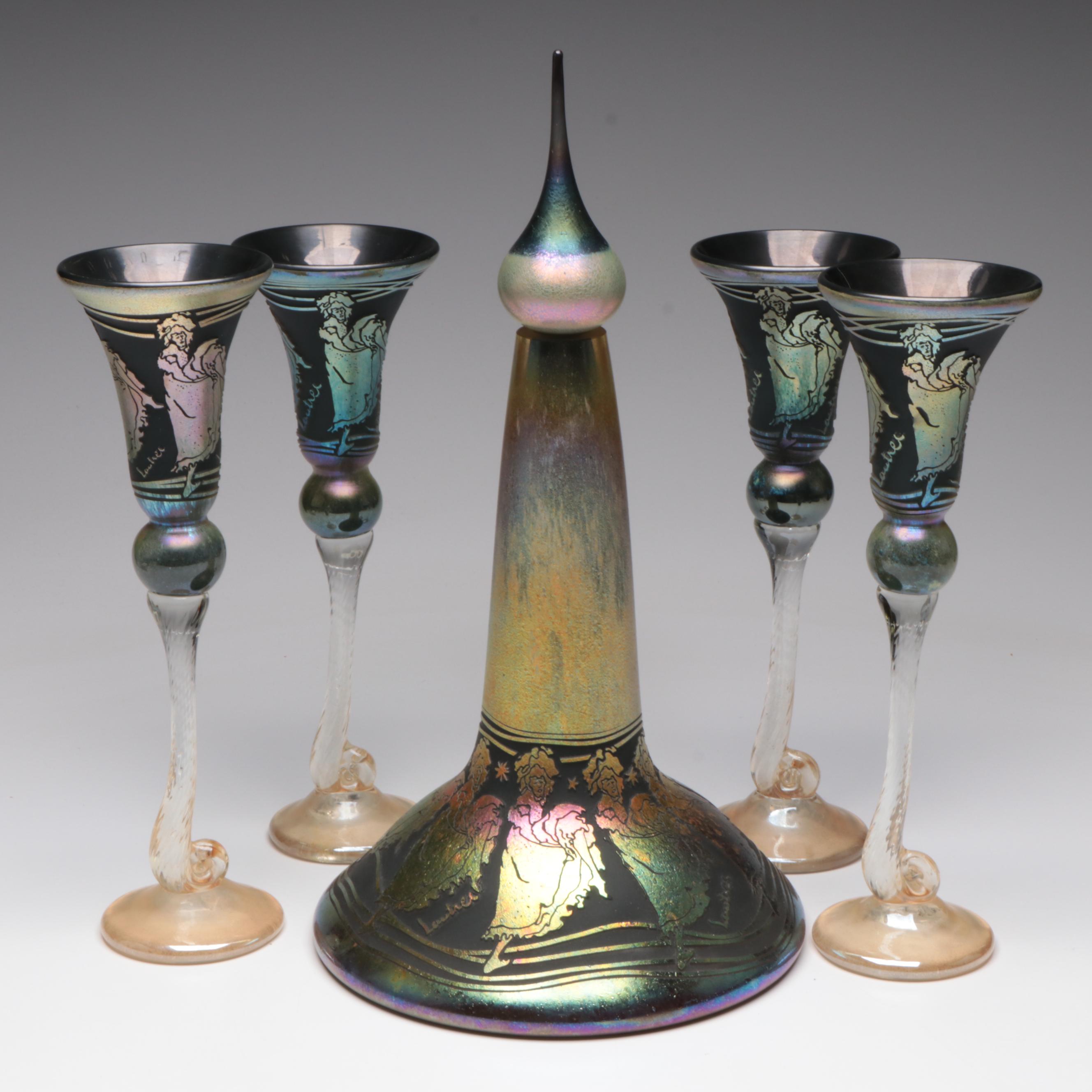 William Brioni Fellerman "Lautrec" Iridescent Sandcarved Goblets & Decanter,1992