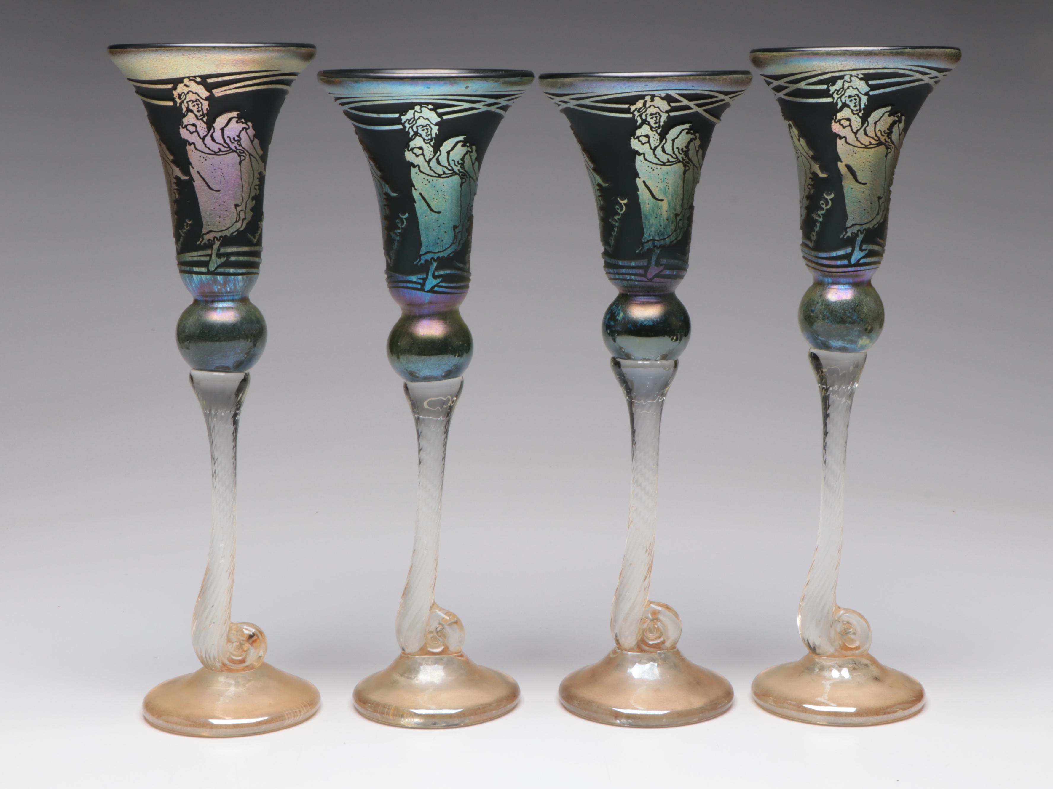 William Brioni Fellerman "Lautrec" Iridescent Sandcarved Goblets & Decanter,1992