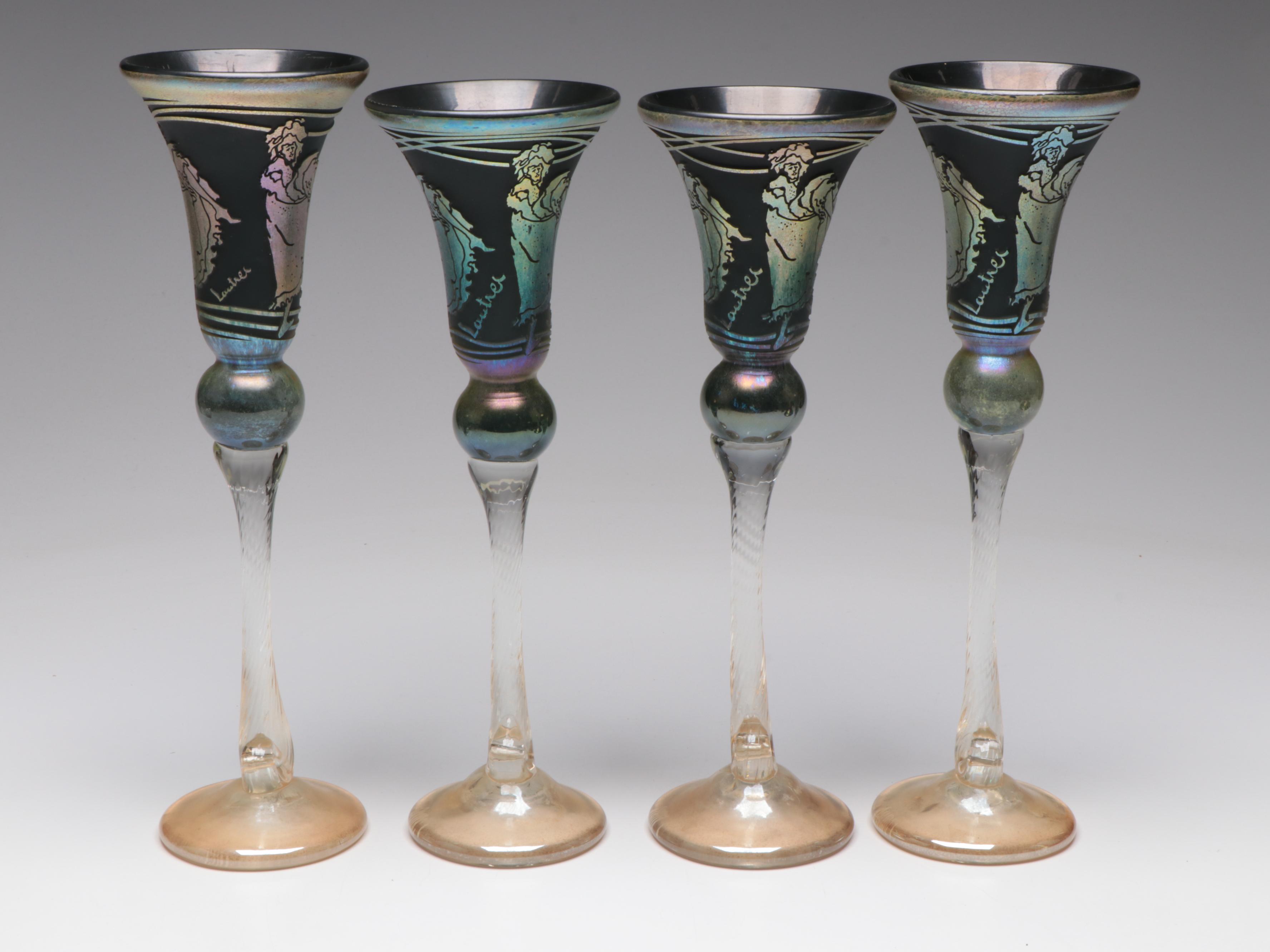 William Brioni Fellerman "Lautrec" Iridescent Sandcarved Goblets & Decanter,1992
