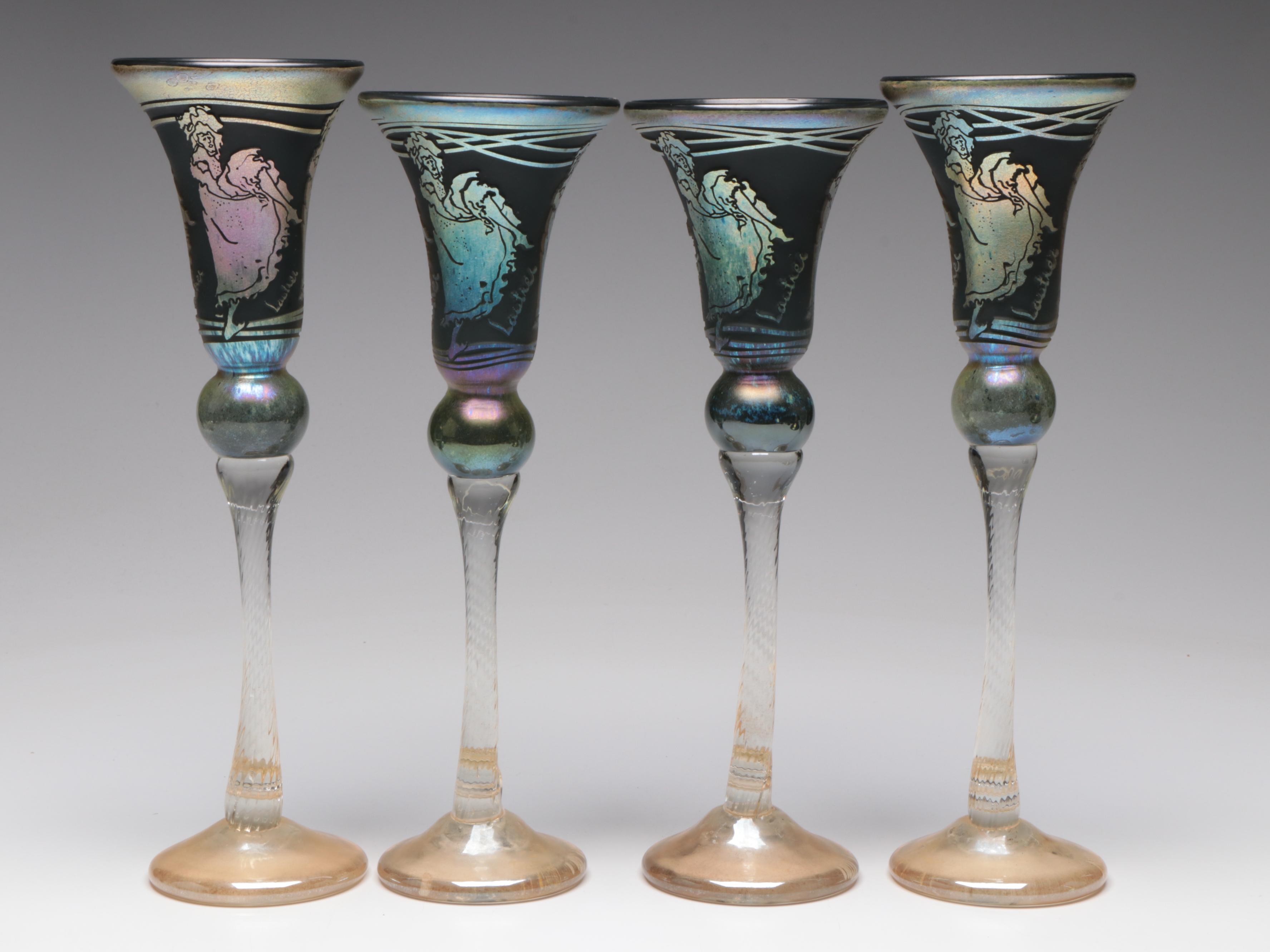 William Brioni Fellerman "Lautrec" Iridescent Sandcarved Goblets & Decanter,1992