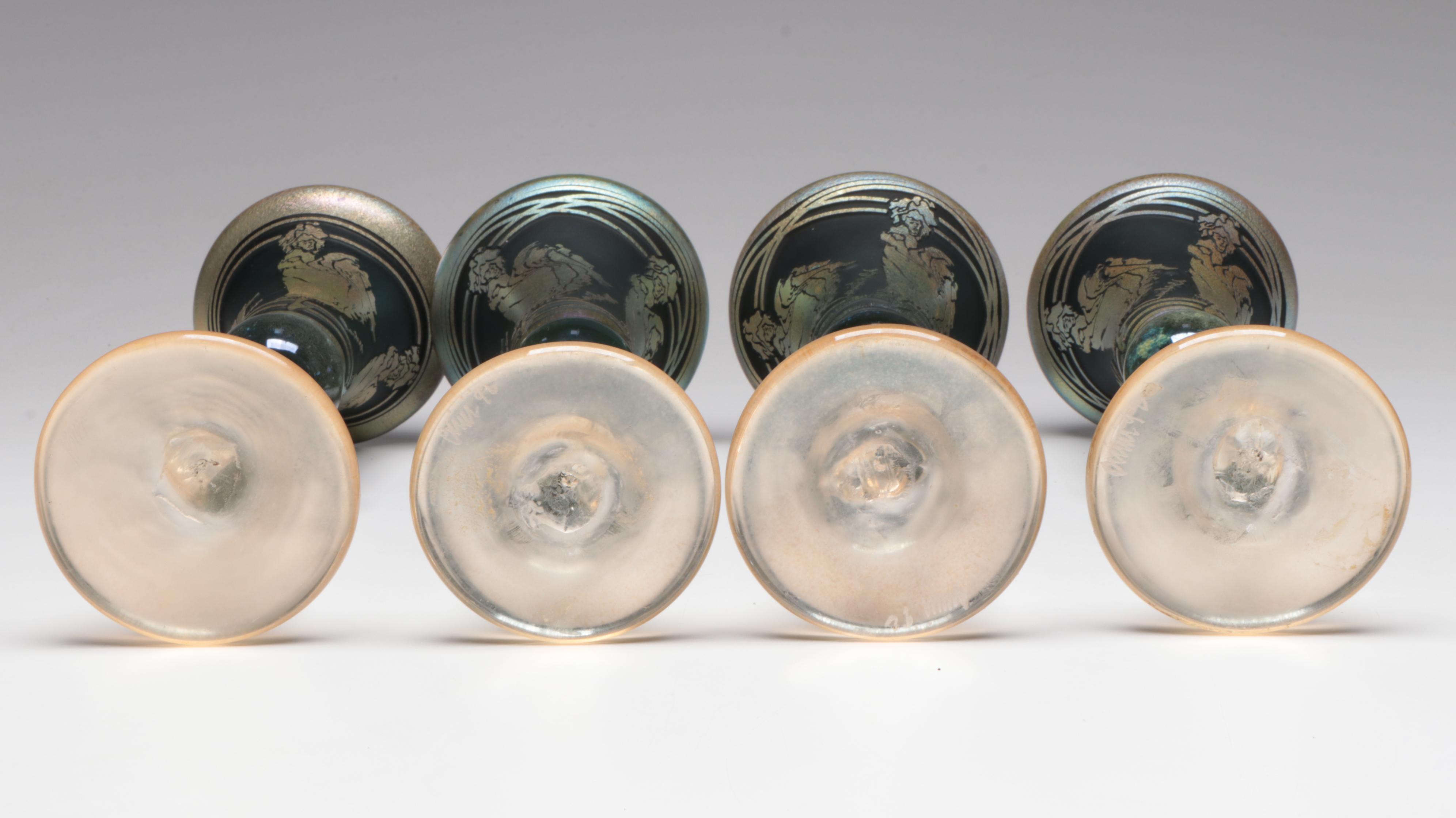 William Brioni Fellerman "Lautrec" Iridescent Sandcarved Goblets & Decanter,1992