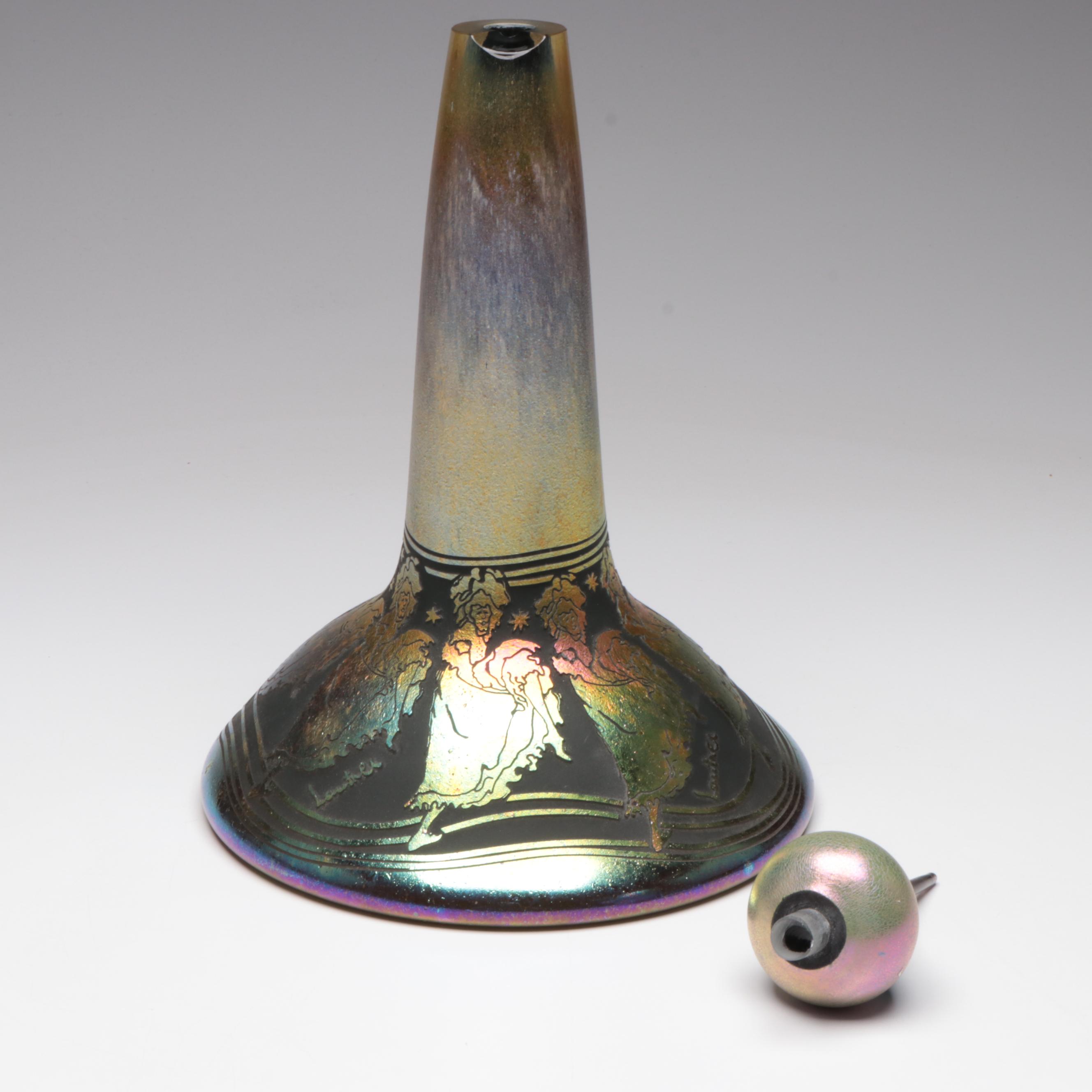 William Brioni Fellerman "Lautrec" Iridescent Sandcarved Goblets & Decanter,1992