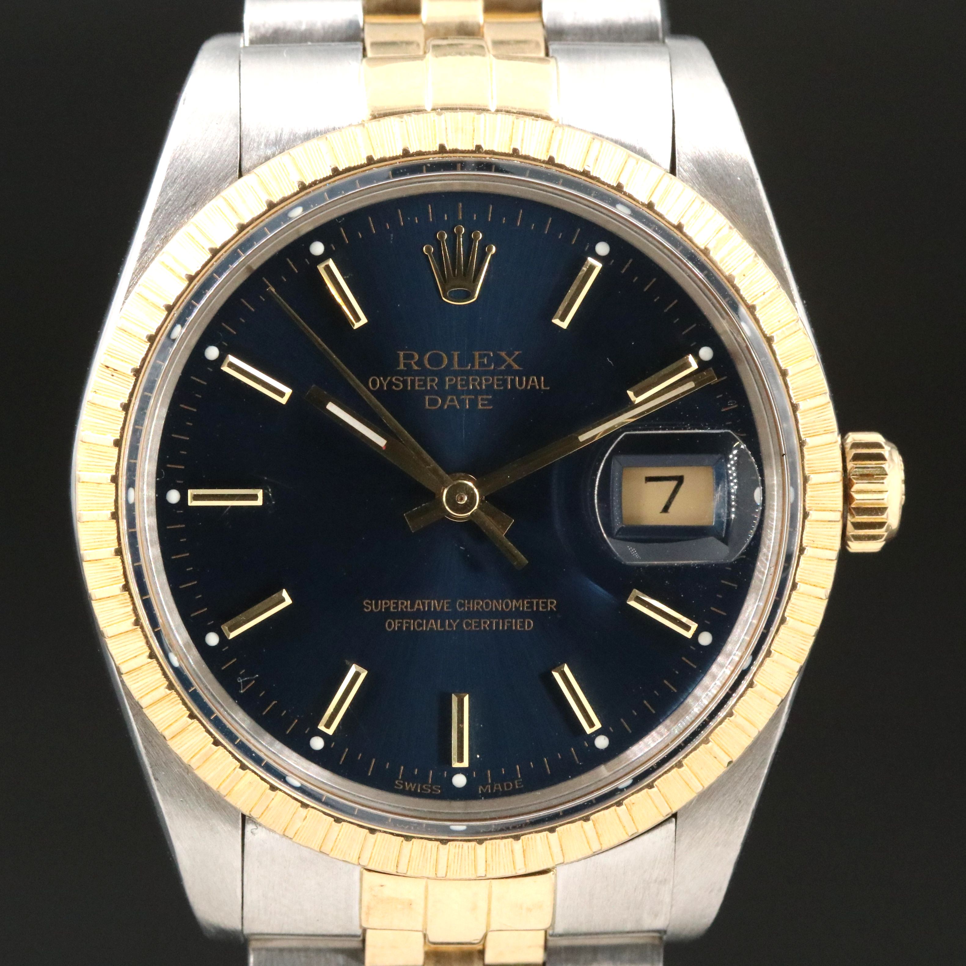 1987 Rolex Oyster Perpetual Engine Turned Bezel Date Watch