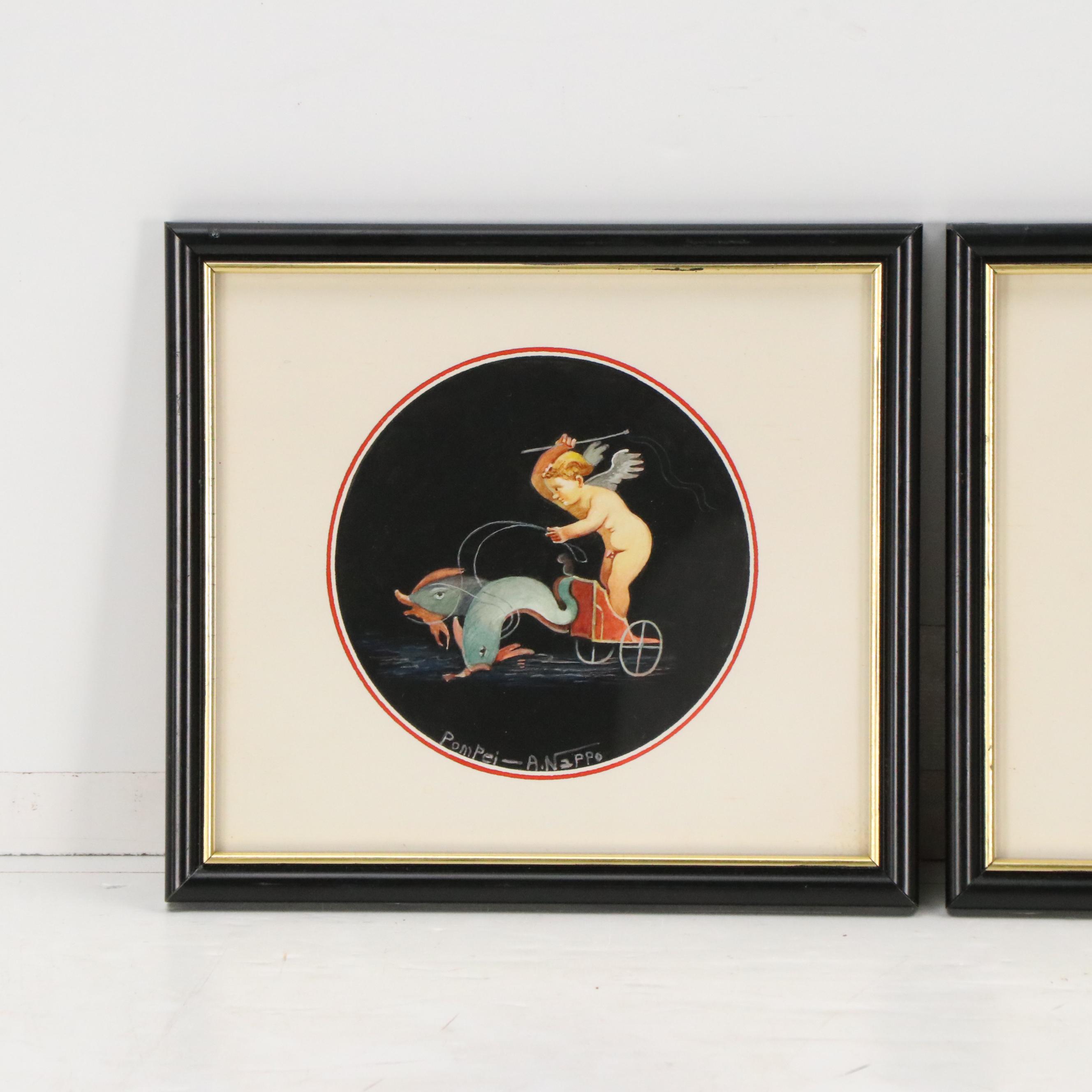 Antonio Nappo Italian School Pompeian Style Watercolor Paintings of Cherubs