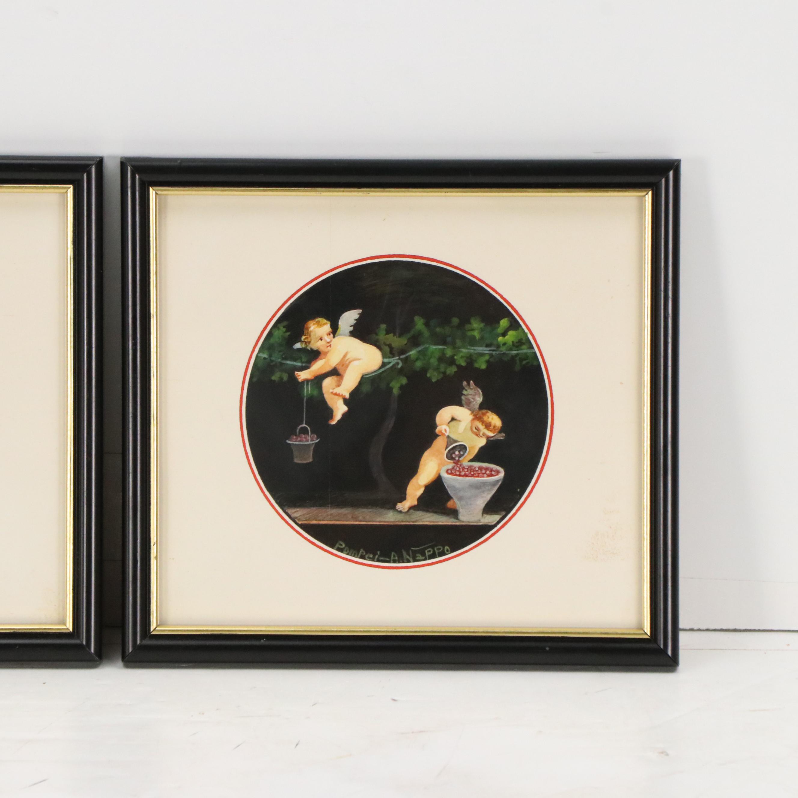 Antonio Nappo Italian School Pompeian Style Watercolor Paintings of Cherubs