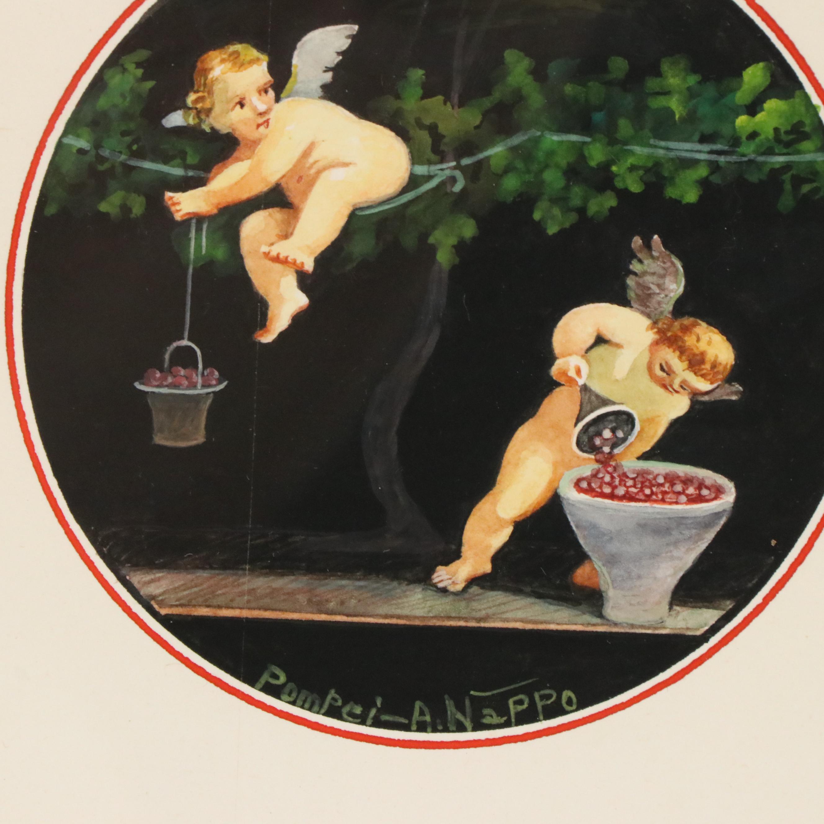 Antonio Nappo Italian School Pompeian Style Watercolor Paintings of Cherubs
