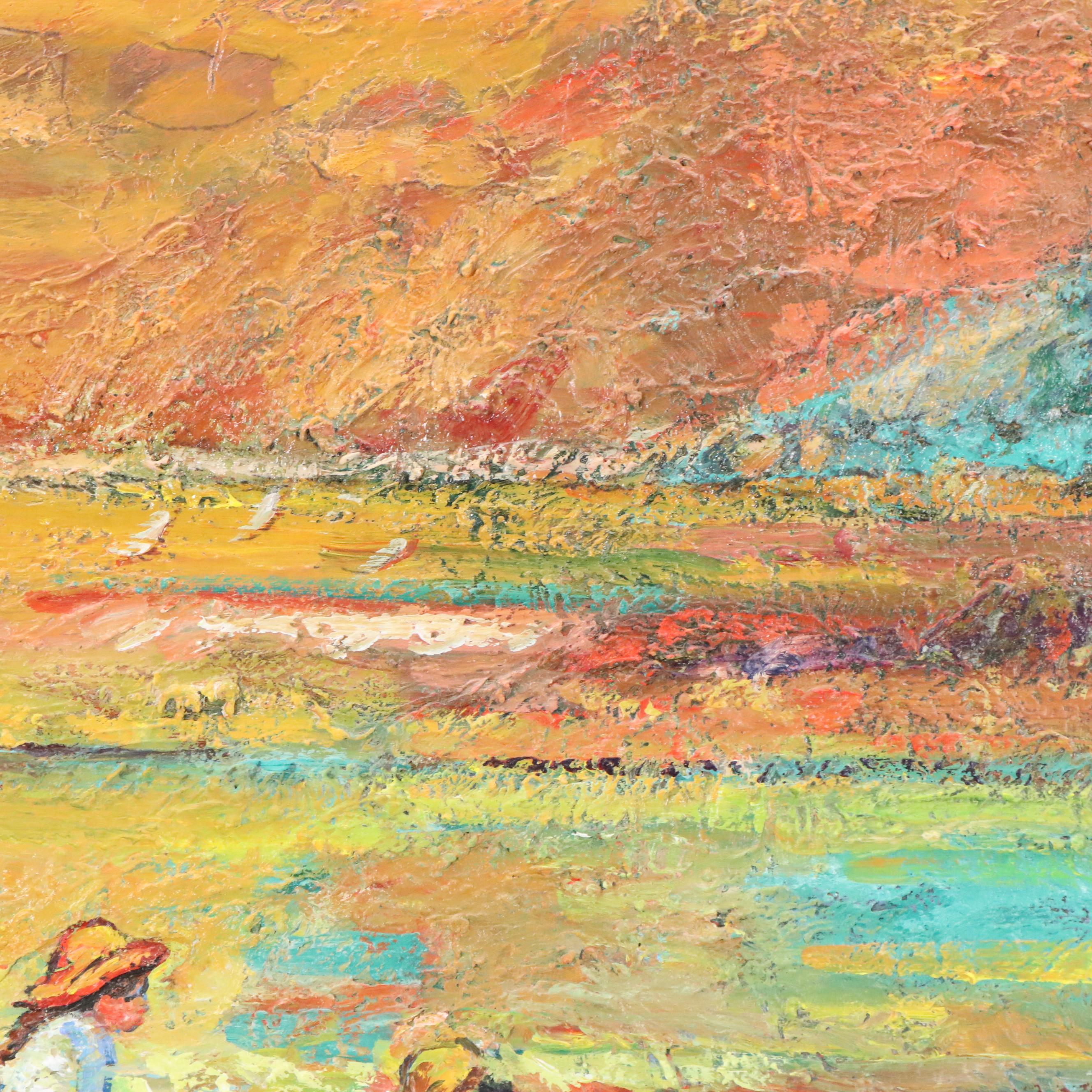 Impasto Oil Painting of Beach Scene With Figures