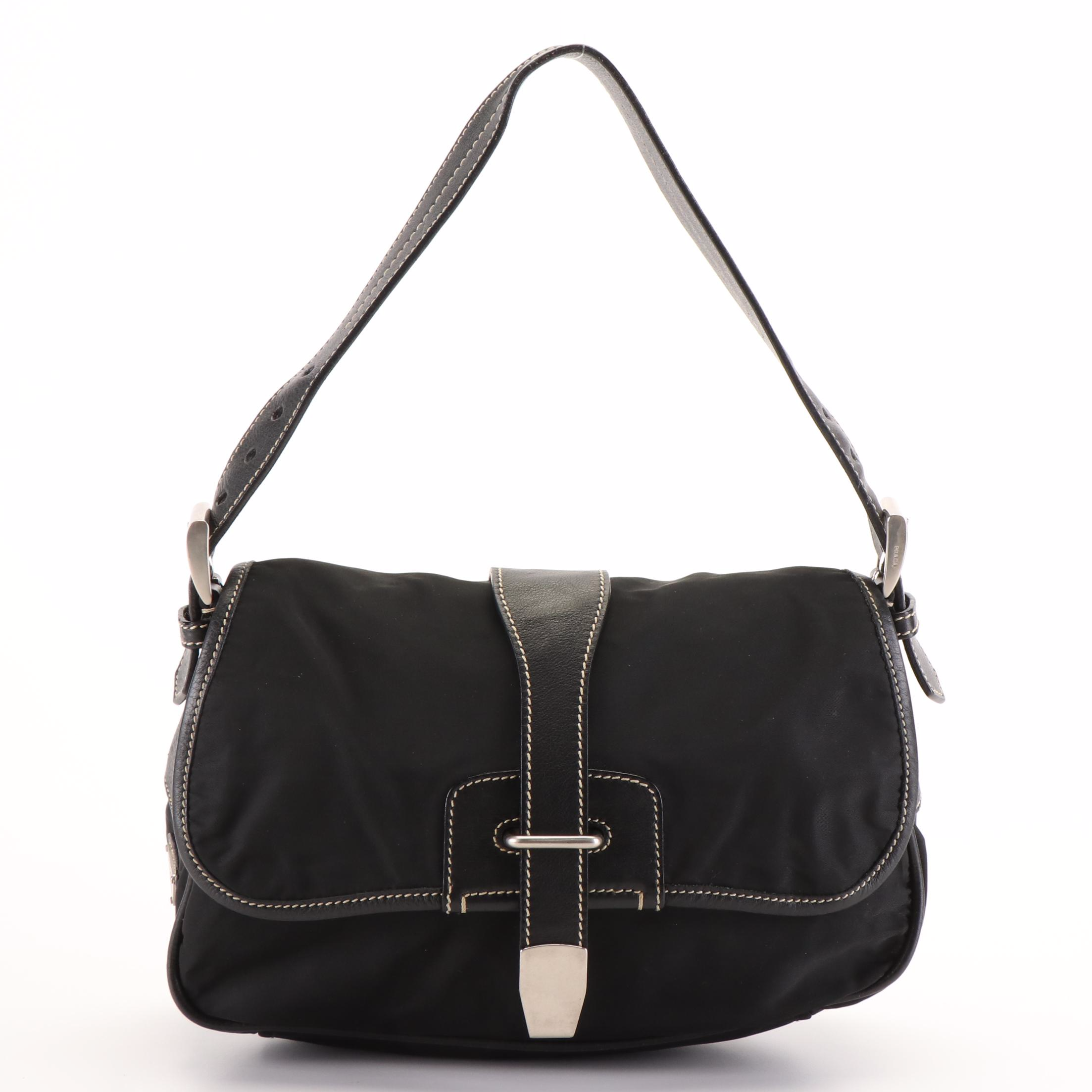 Prada Tessuto Black Nylon Shoulder Bag with Leather Trim