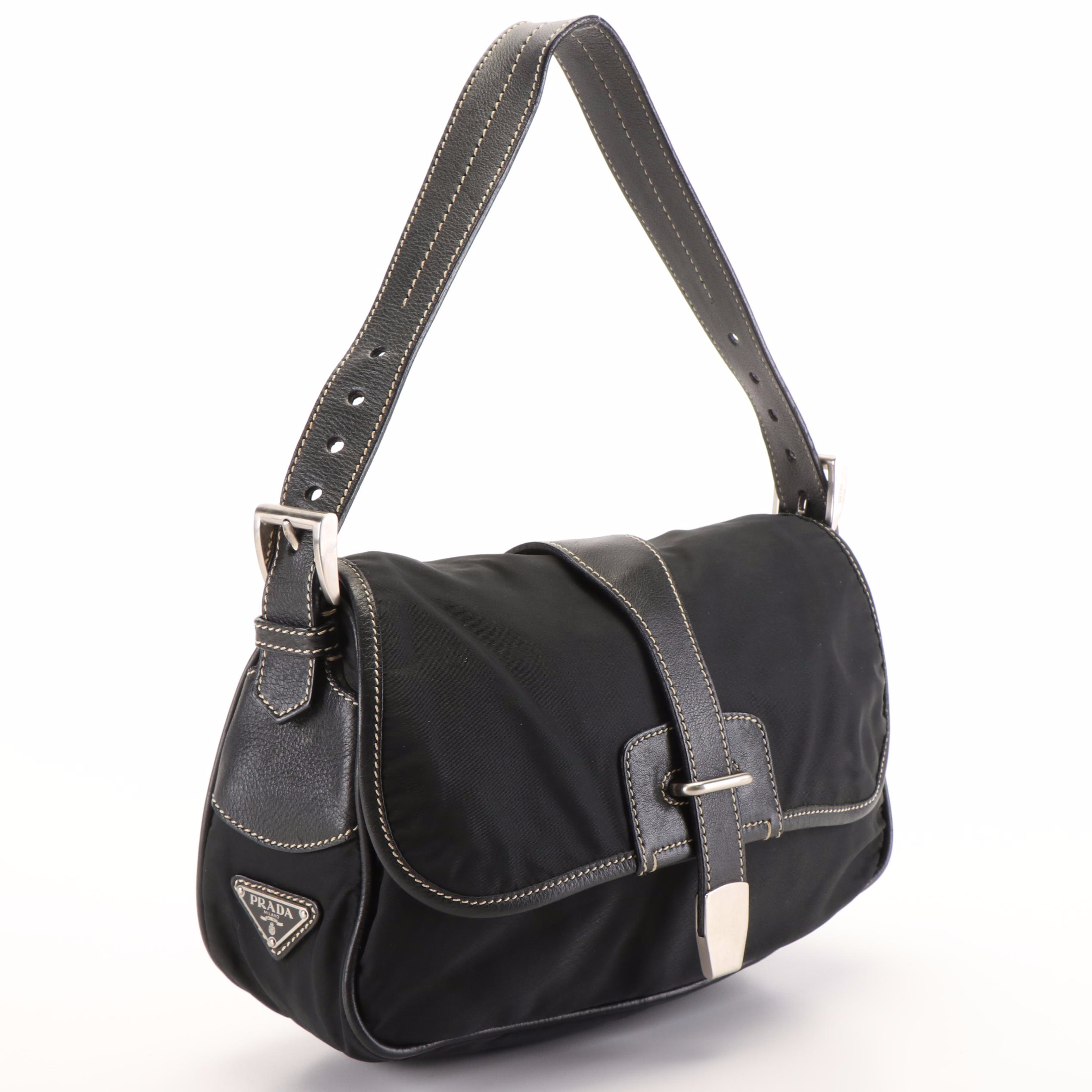 Prada Tessuto Black Nylon Shoulder Bag with Leather Trim