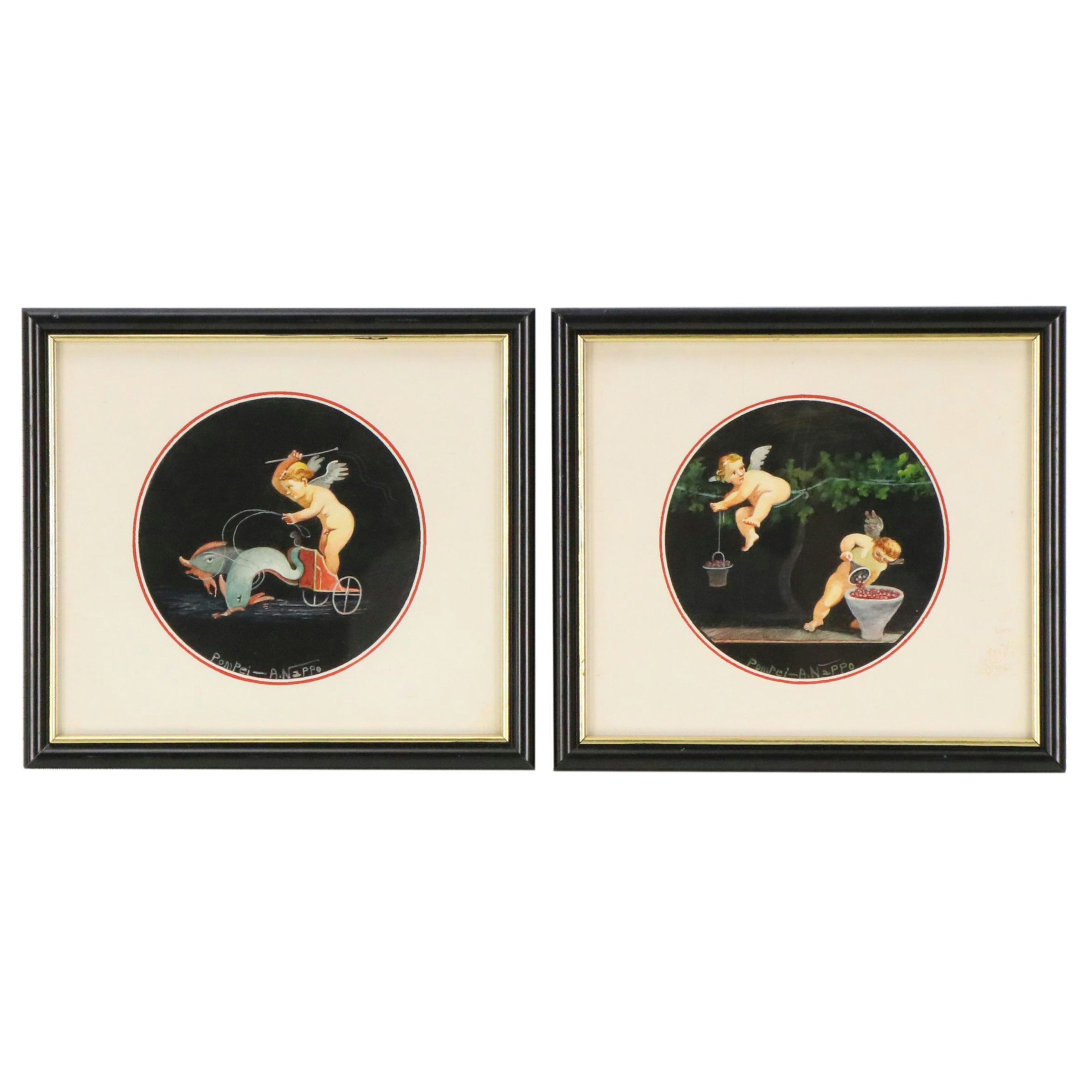Antonio Nappo Italian School Pompeian Style Watercolor Paintings of Cherubs
