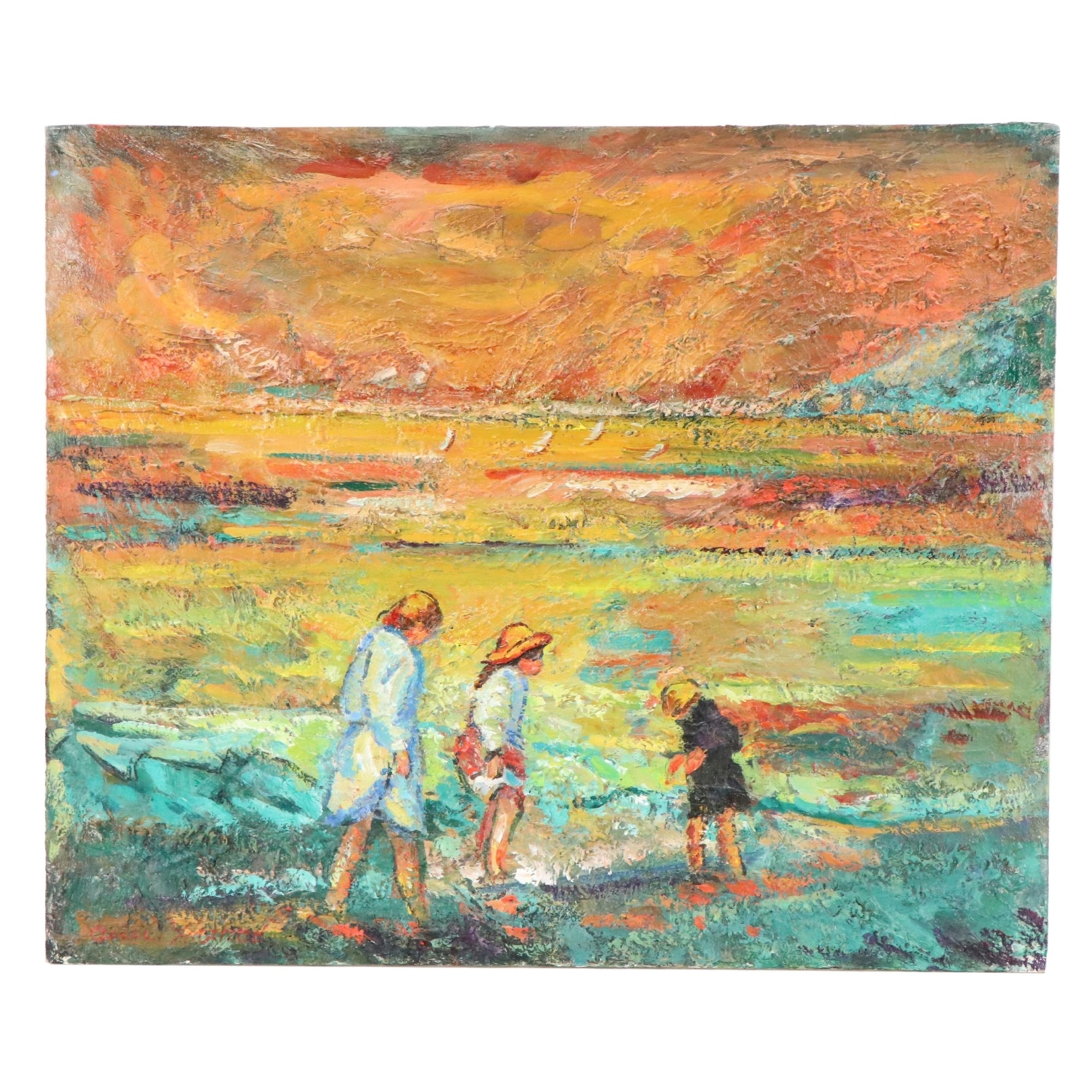 Impasto Oil Painting of Beach Scene With Figures