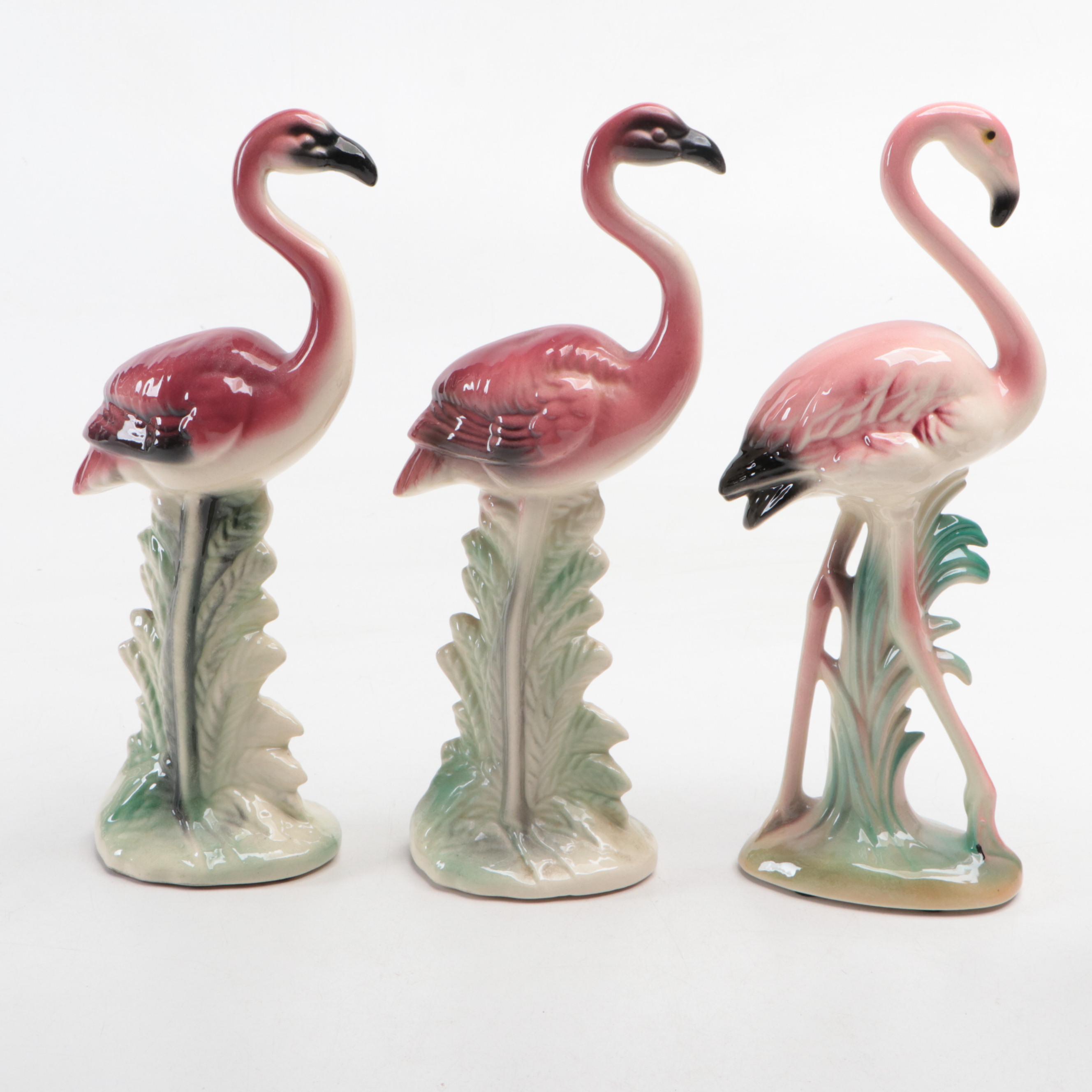Napco and Other Mid Century Modern Ceramic Flamingo Figurines with Glass Plate