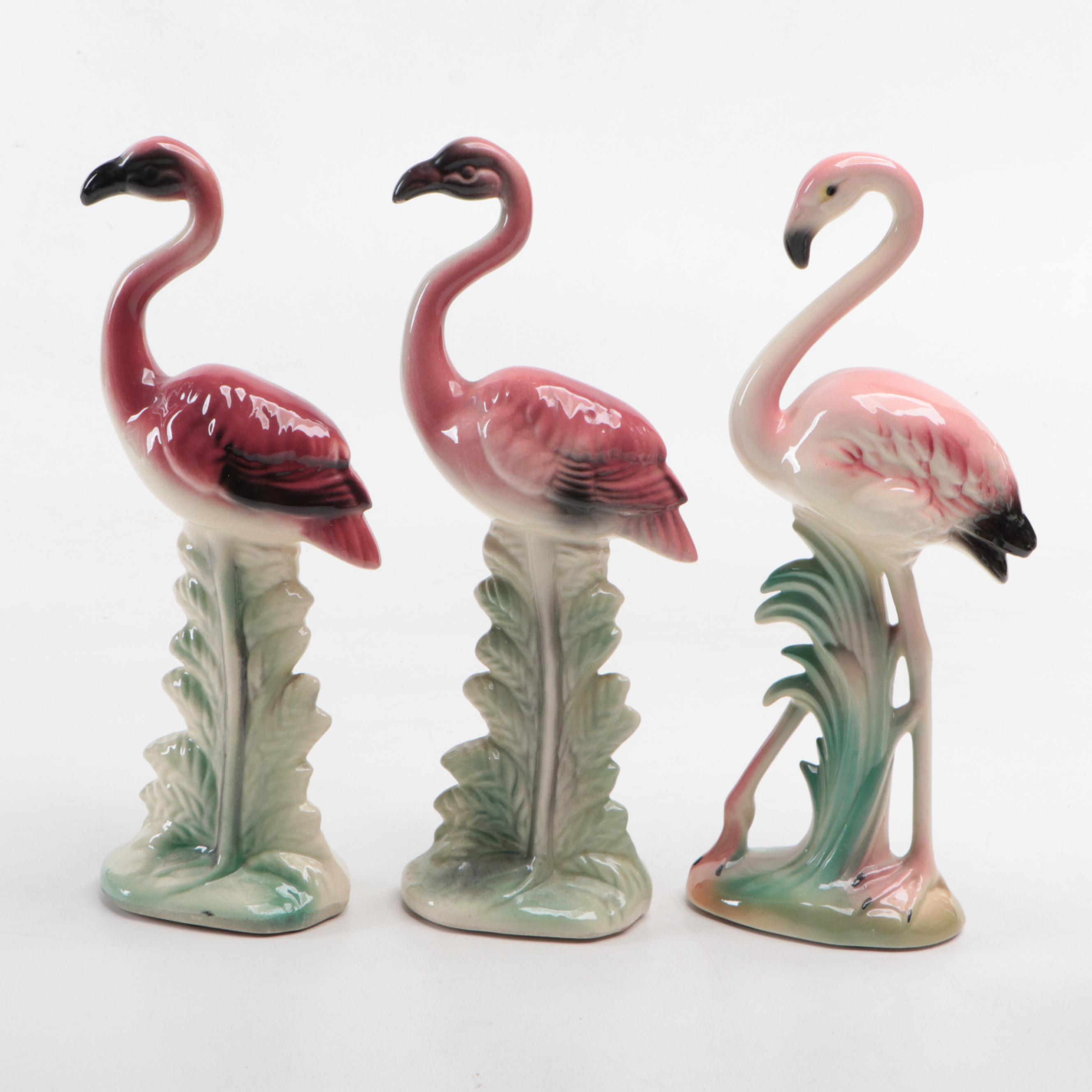 Napco and Other Mid Century Modern Ceramic Flamingo Figurines with Glass Plate