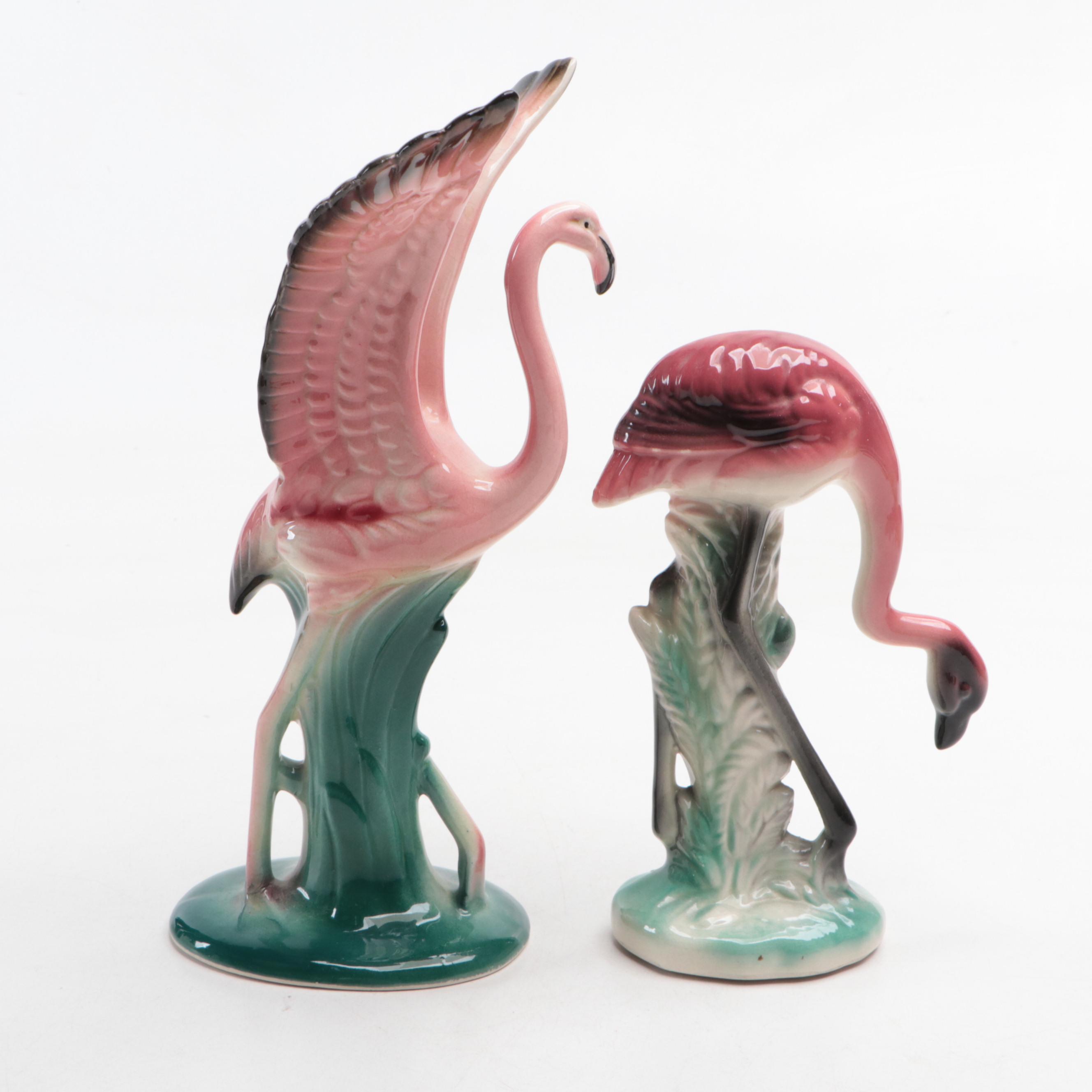 Napco and Other Mid Century Modern Ceramic Flamingo Figurines with Glass Plate