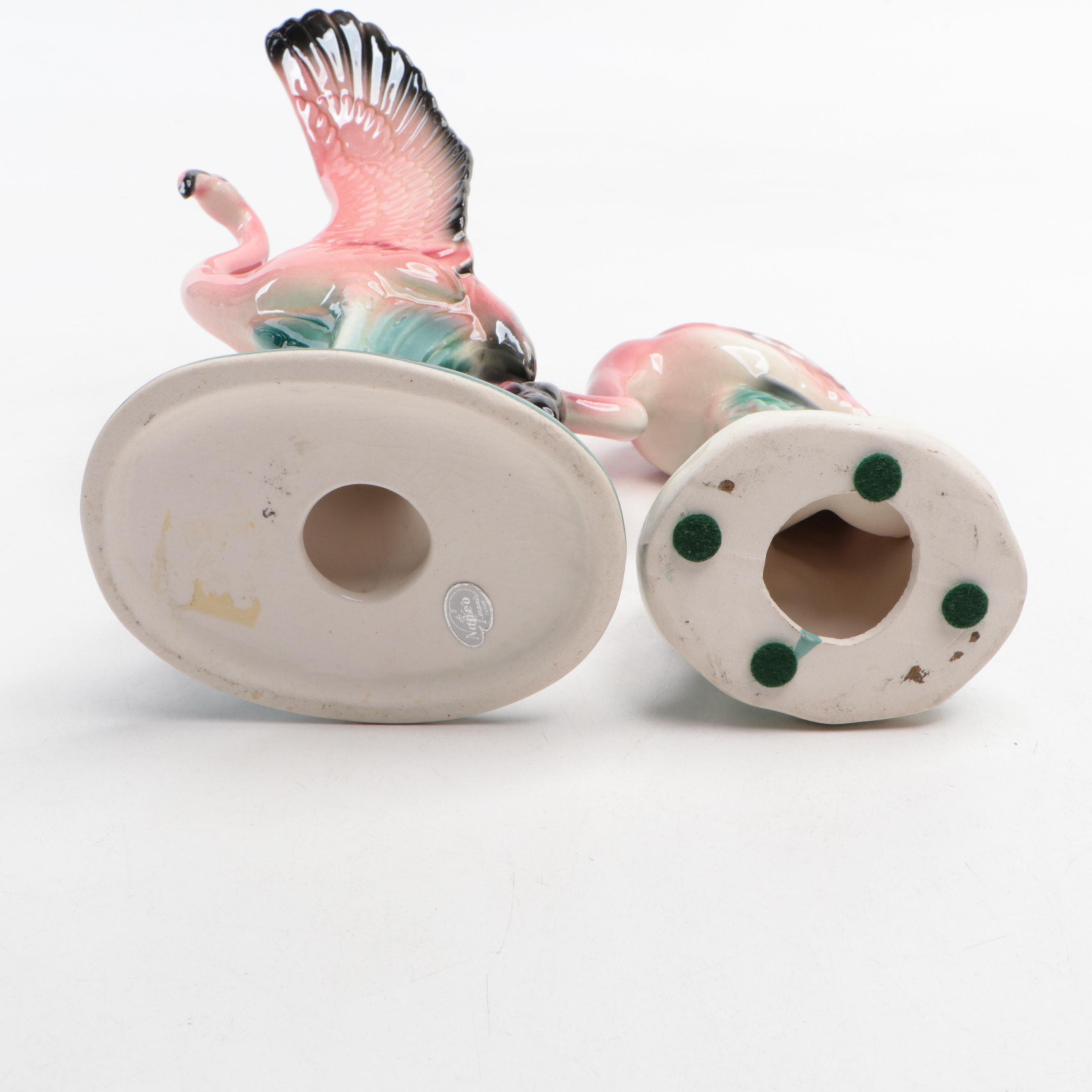 Napco and Other Mid Century Modern Ceramic Flamingo Figurines with Glass Plate